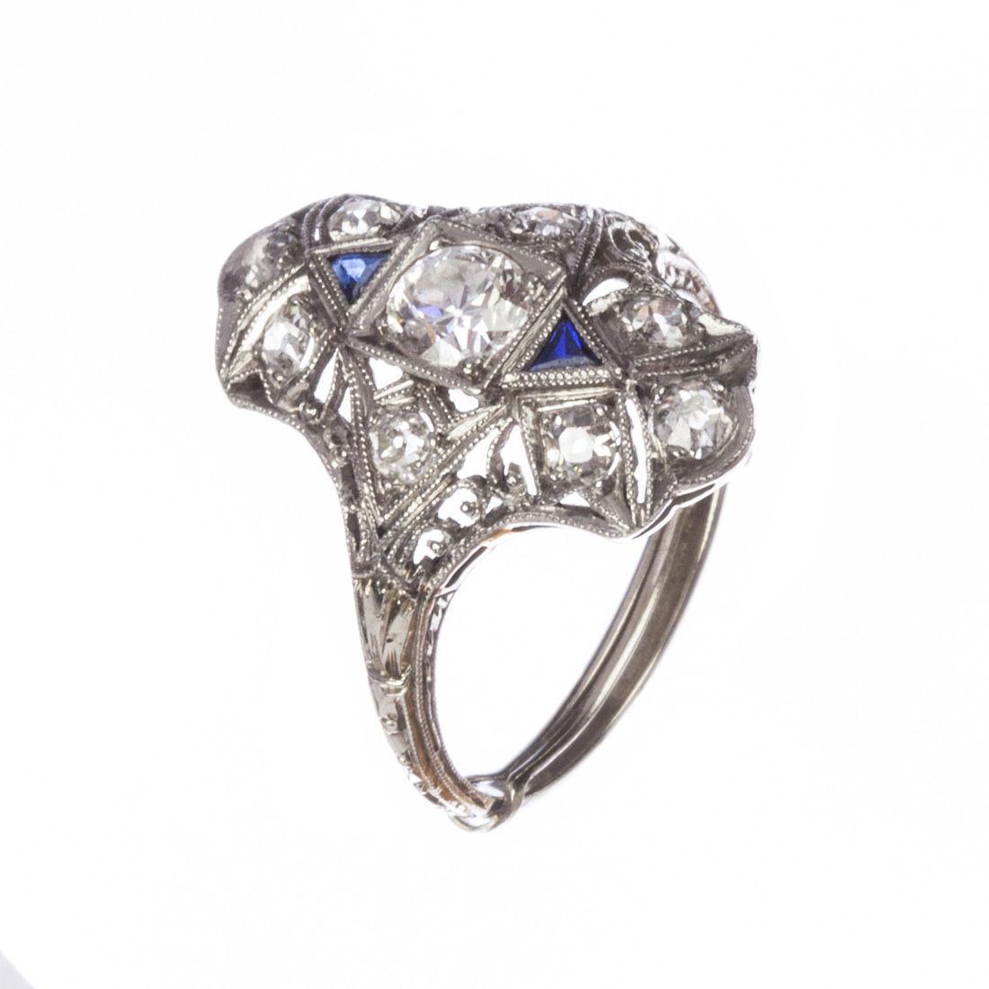 Old European Cut Art Deco 1.12 Carat Diamond and Blue Sapphire Platinum Wedding Ring For Sale
