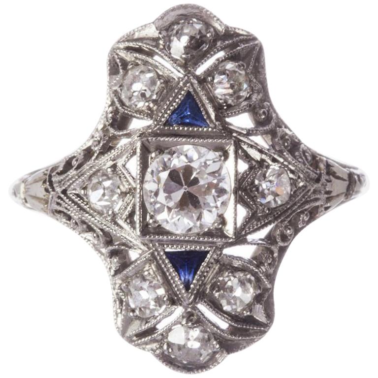 Art Deco 1.12 Carat Diamond and Blue Sapphire Platinum Wedding Ring For Sale