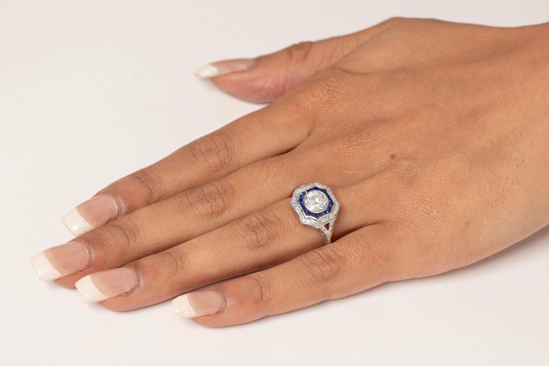 Art Deco 1.12 Carat Diamond and Sapphire Ring, circa 1930s 1