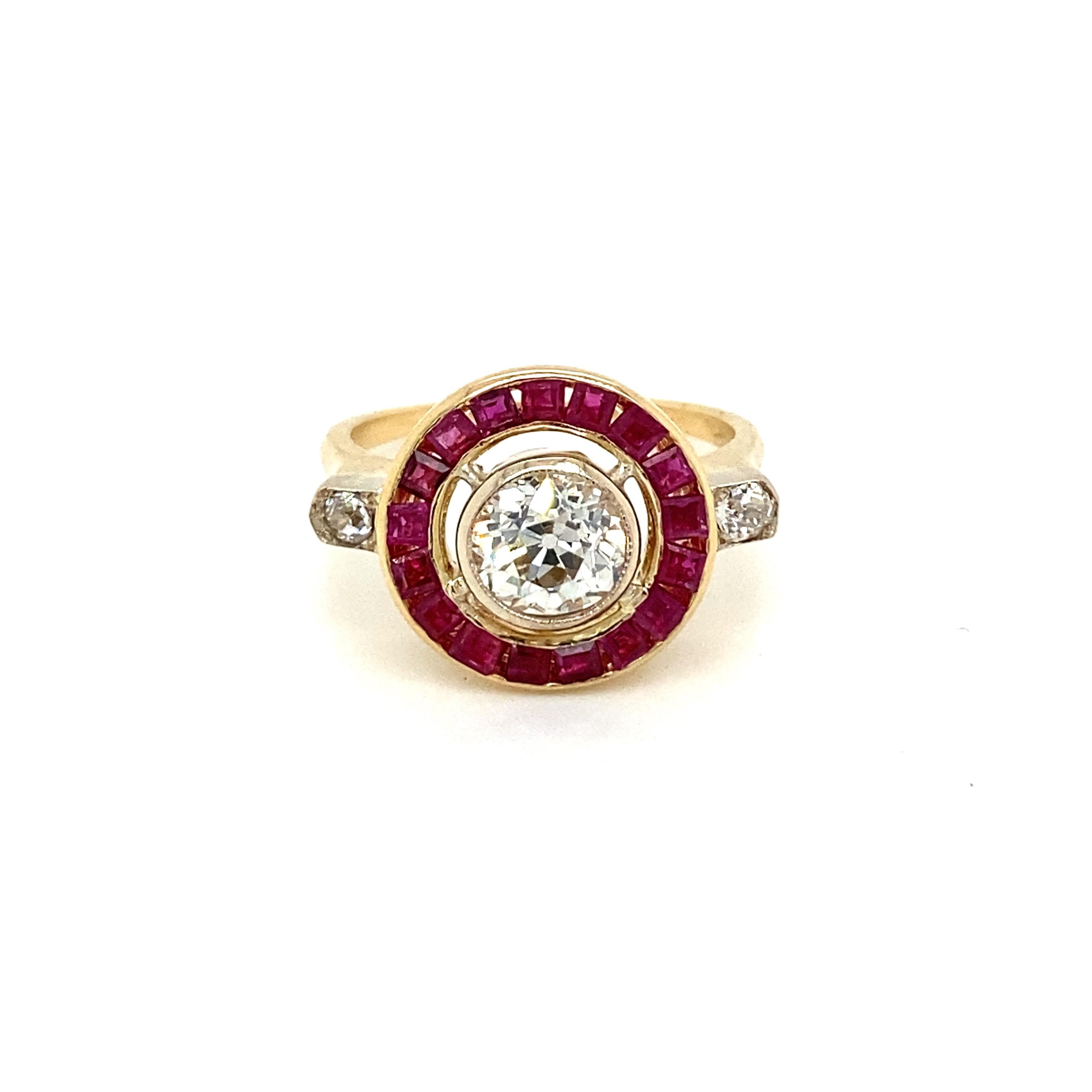 Pretty and authentic Art Deco Engagement ring featuring one large Old Mine cut Diamond in the center, weight 1.12 carats I Color Vs2, and ruby custom cut. Entirely hand crafted in 18k gold, this beautiful ring dates to the 1930's.

CONDITION: