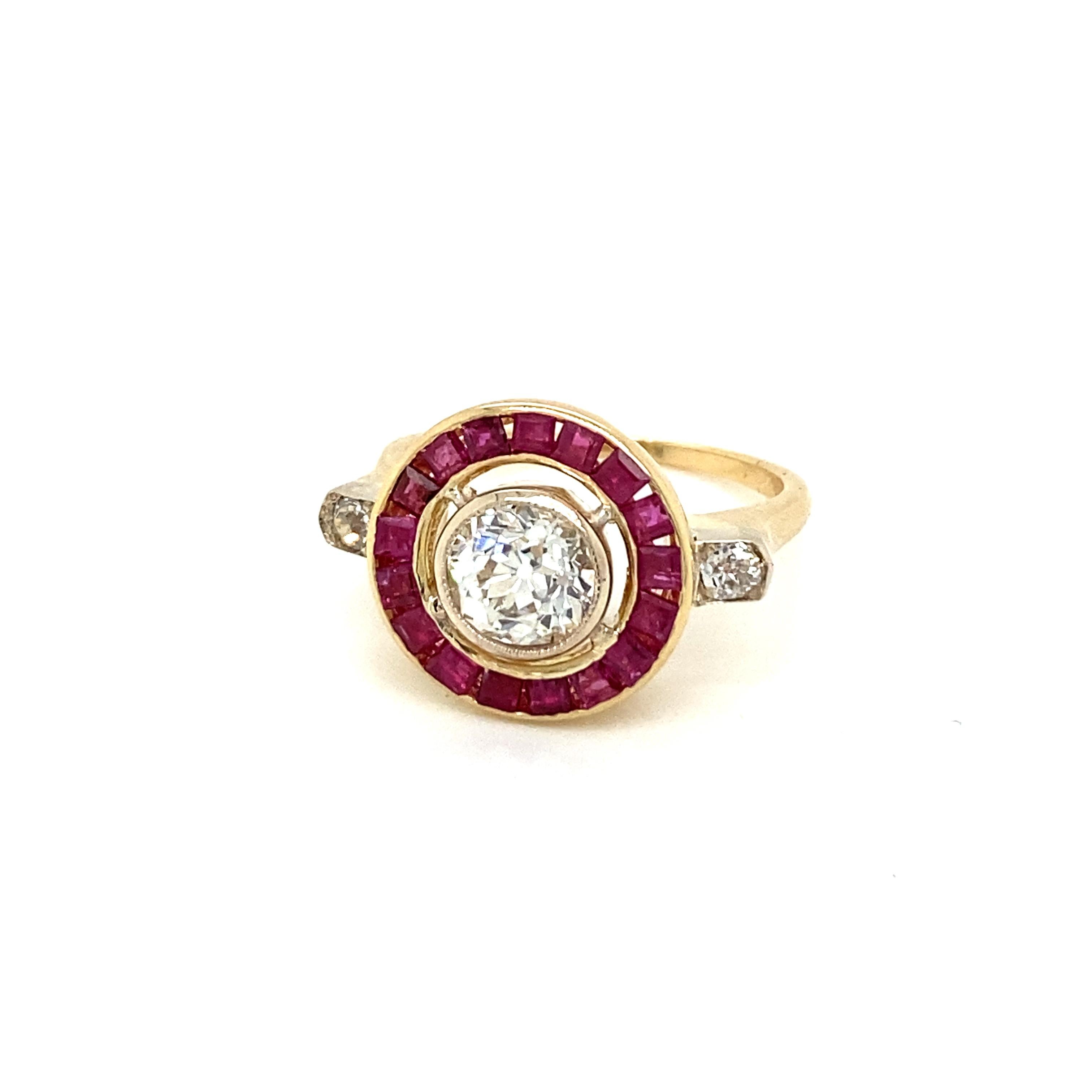 Verlobungsring mit 1,12 Karat Diamant und Rubin im Art déco-Stil (Alteuropäischer Brillantschliff) im Angebot