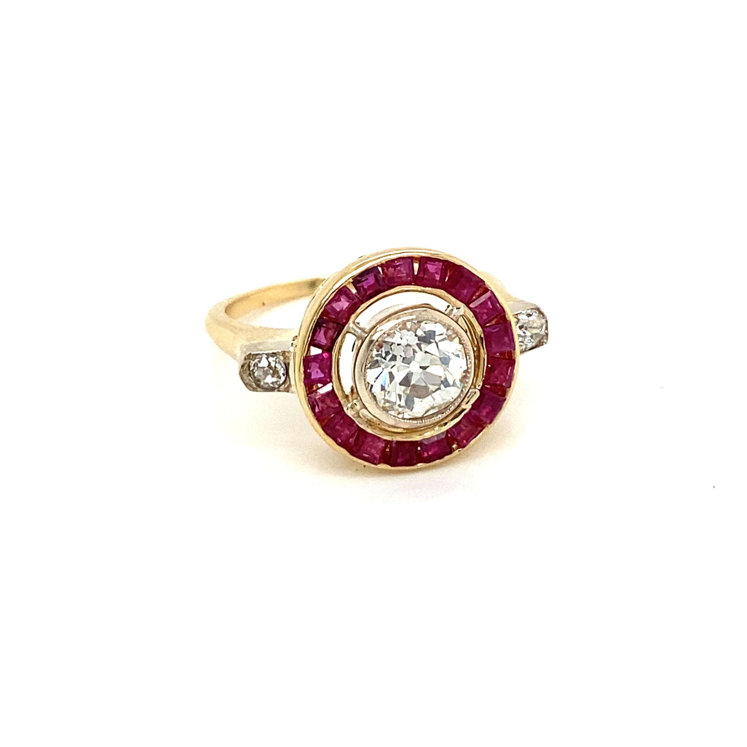 Old Mine Cut Art Deco 1.12 Carat Diamond Ruby Engagement Ring For Sale
