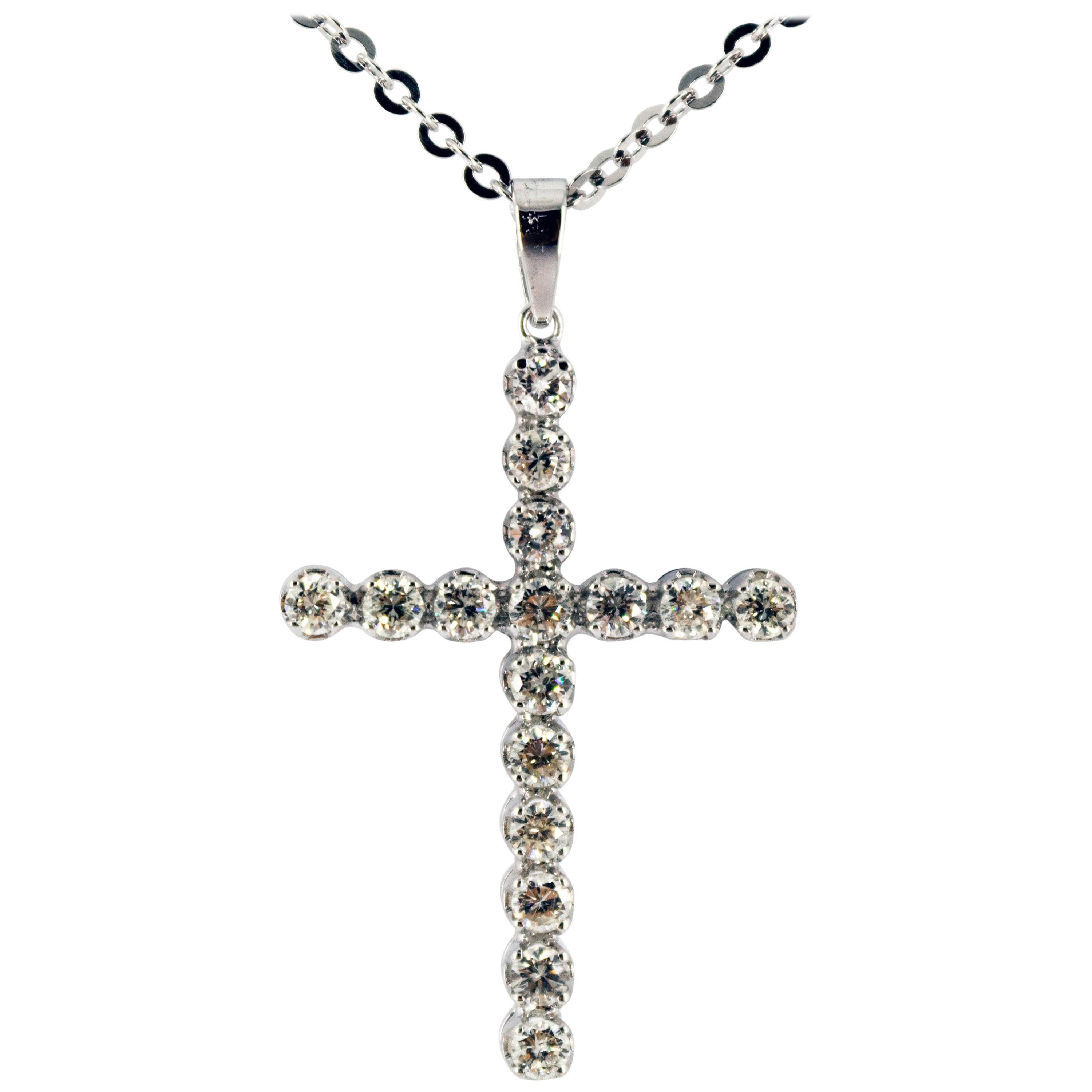 Art Deco 1.12 Carat White Diamond "Cross" Pendant White Gold Necklace