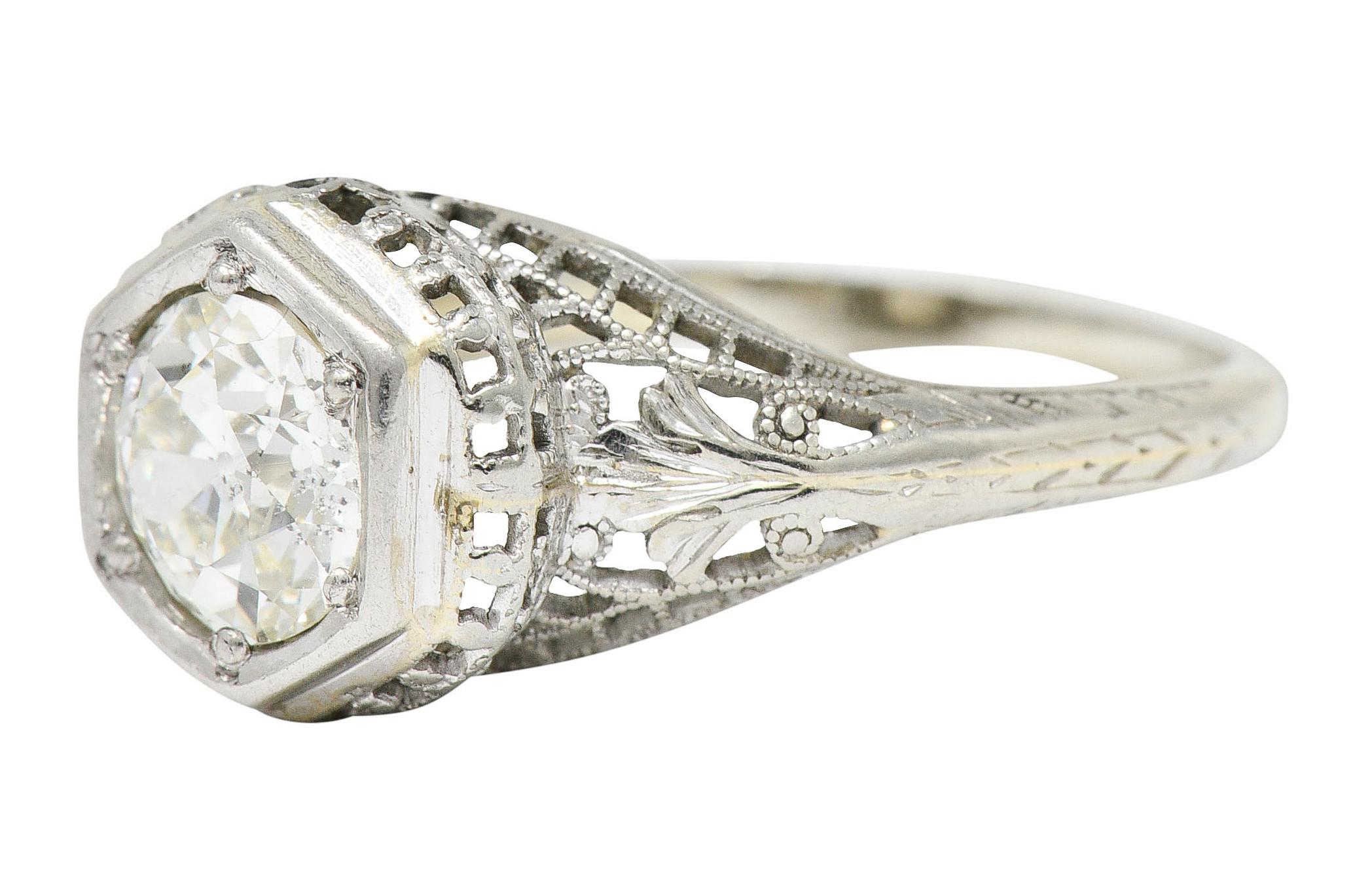 Art Deco 1.12 Carats Diamond 18 Karat White Gold Trellis Engagement Ring GIA For Sale 1