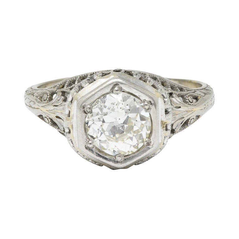 Art Deco 1.12 Carats Diamond 18 Karat White Gold Trellis Engagement Ring GIA For Sale