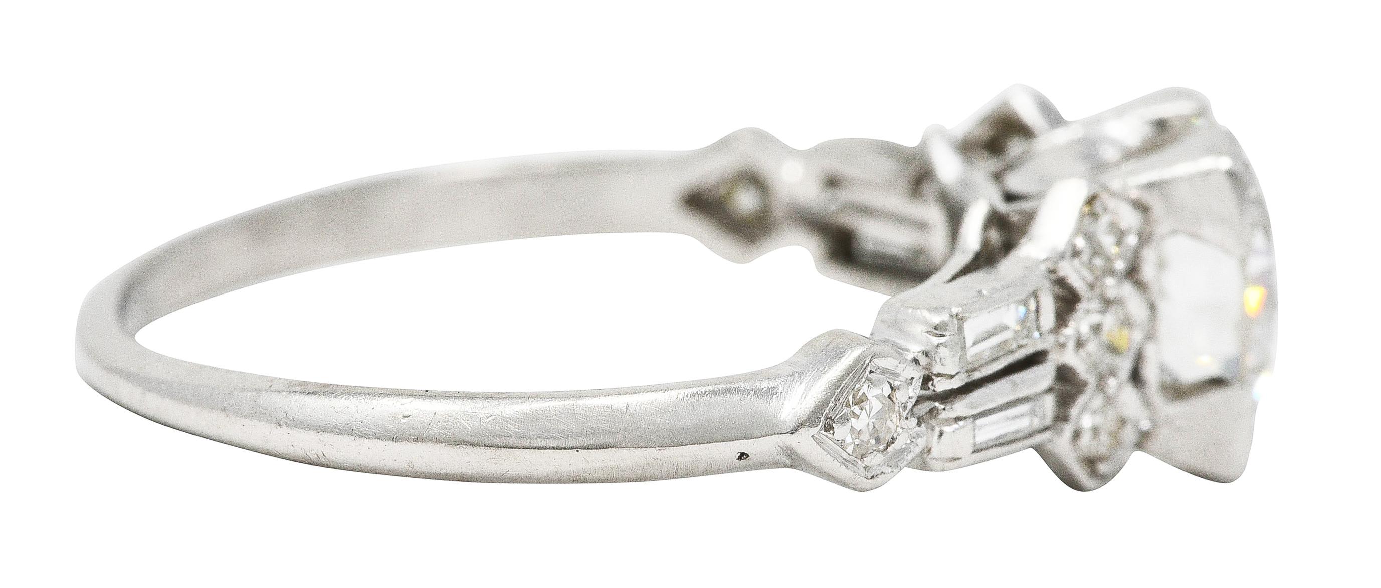 Single Cut Art Deco 1.12 Carats Diamond Platinum Geometric Engagement Ring For Sale