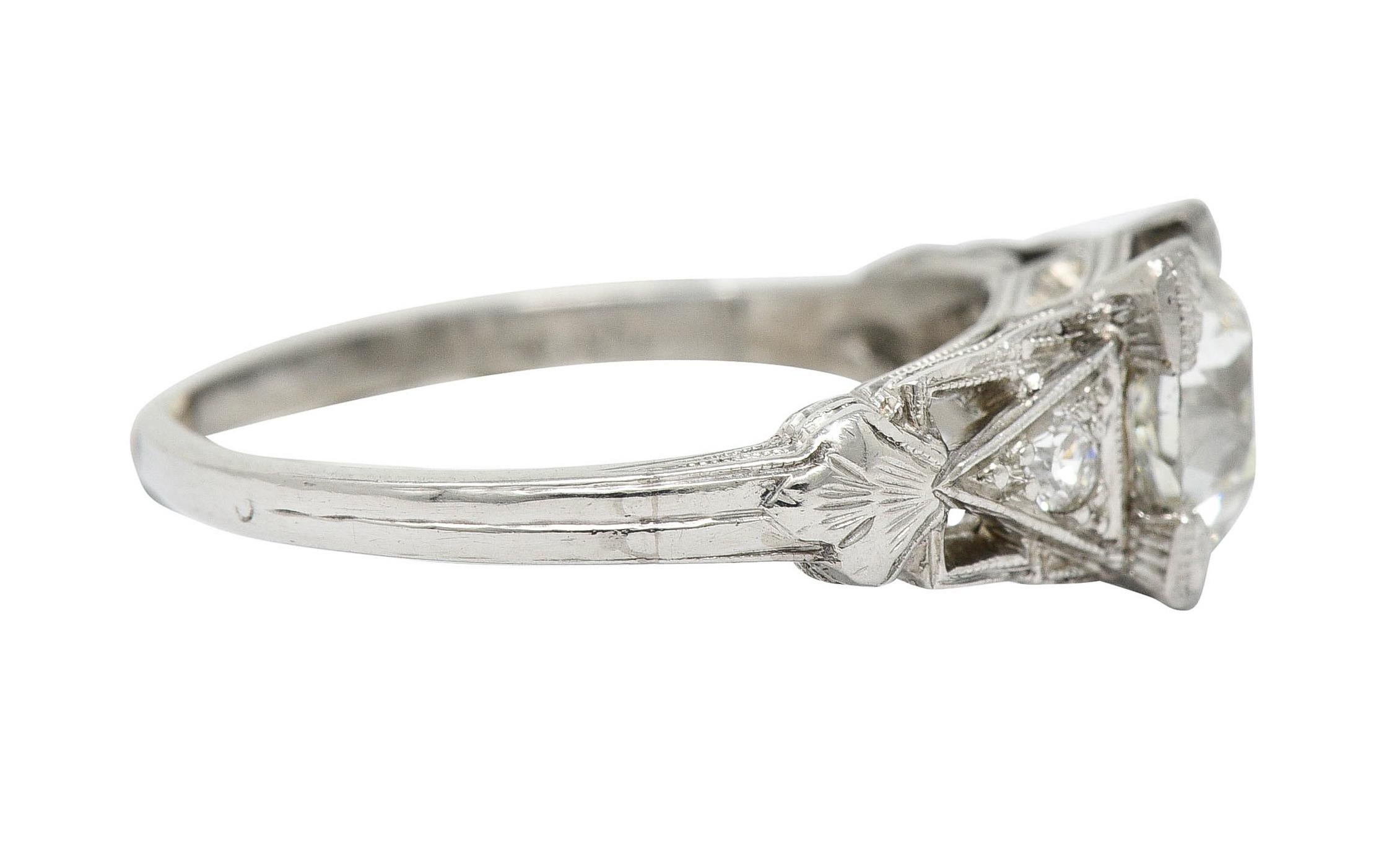 Old European Cut Art Deco 1.12 Carats Diamond Platinum Geometric Foliate Engagement Ring GIA