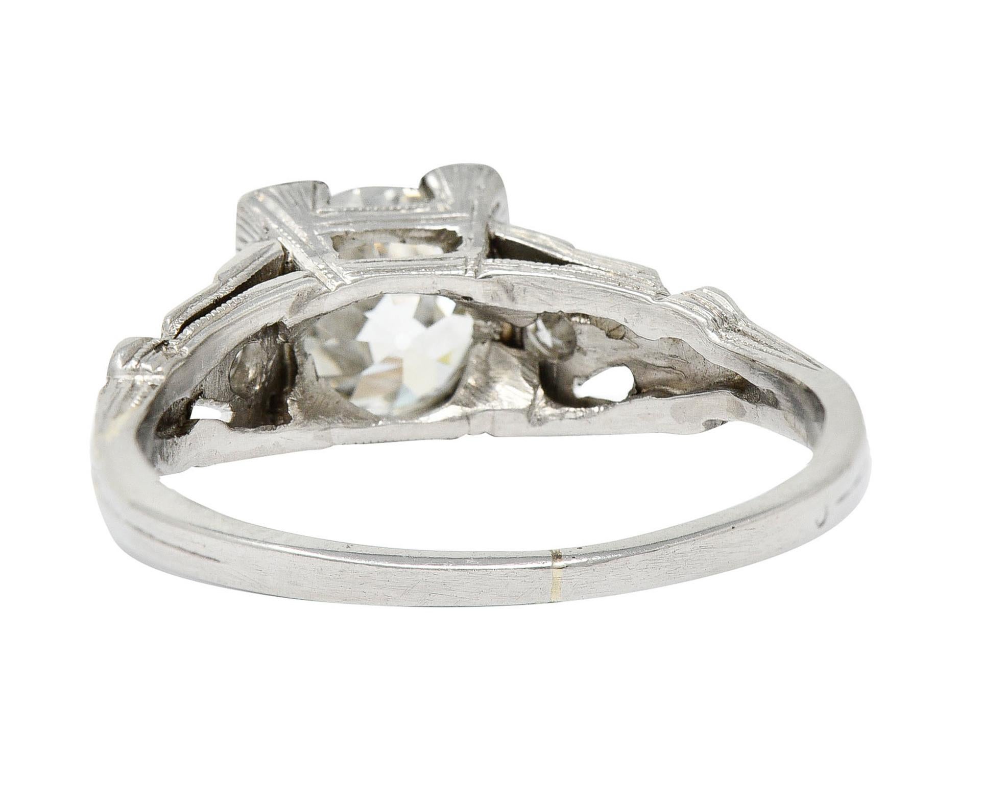 Art Deco 1.12 Carats Diamond Platinum Geometric Foliate Engagement Ring GIA In Excellent Condition In Philadelphia, PA