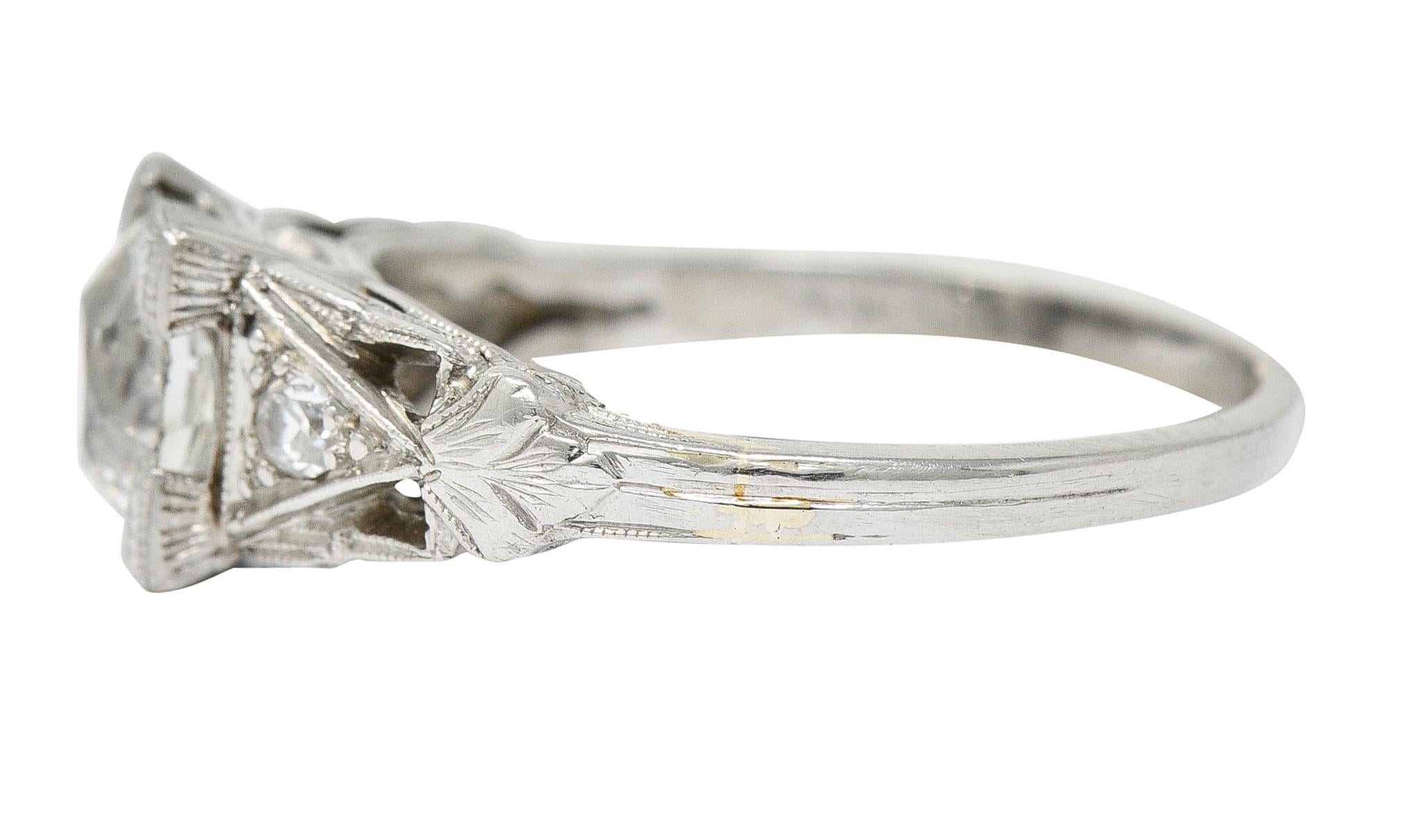 Women's or Men's Art Deco 1.12 Carats Diamond Platinum Geometric Foliate Engagement Ring GIA