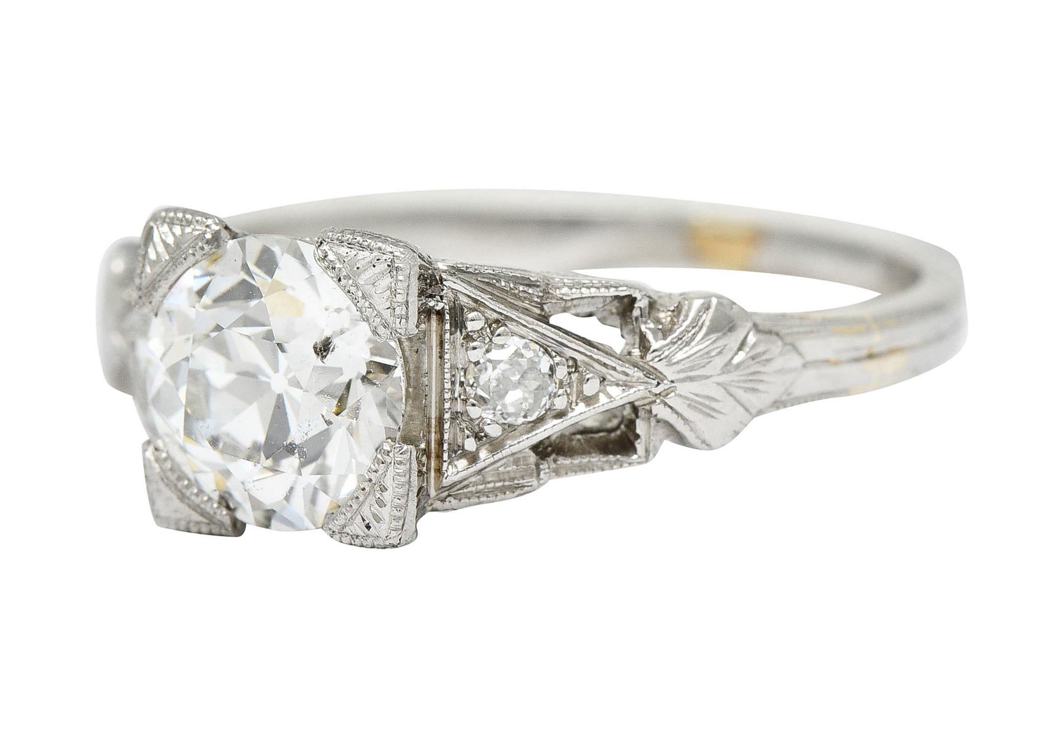 Art Deco 1.12 Carats Diamond Platinum Geometric Foliate Engagement Ring GIA 1