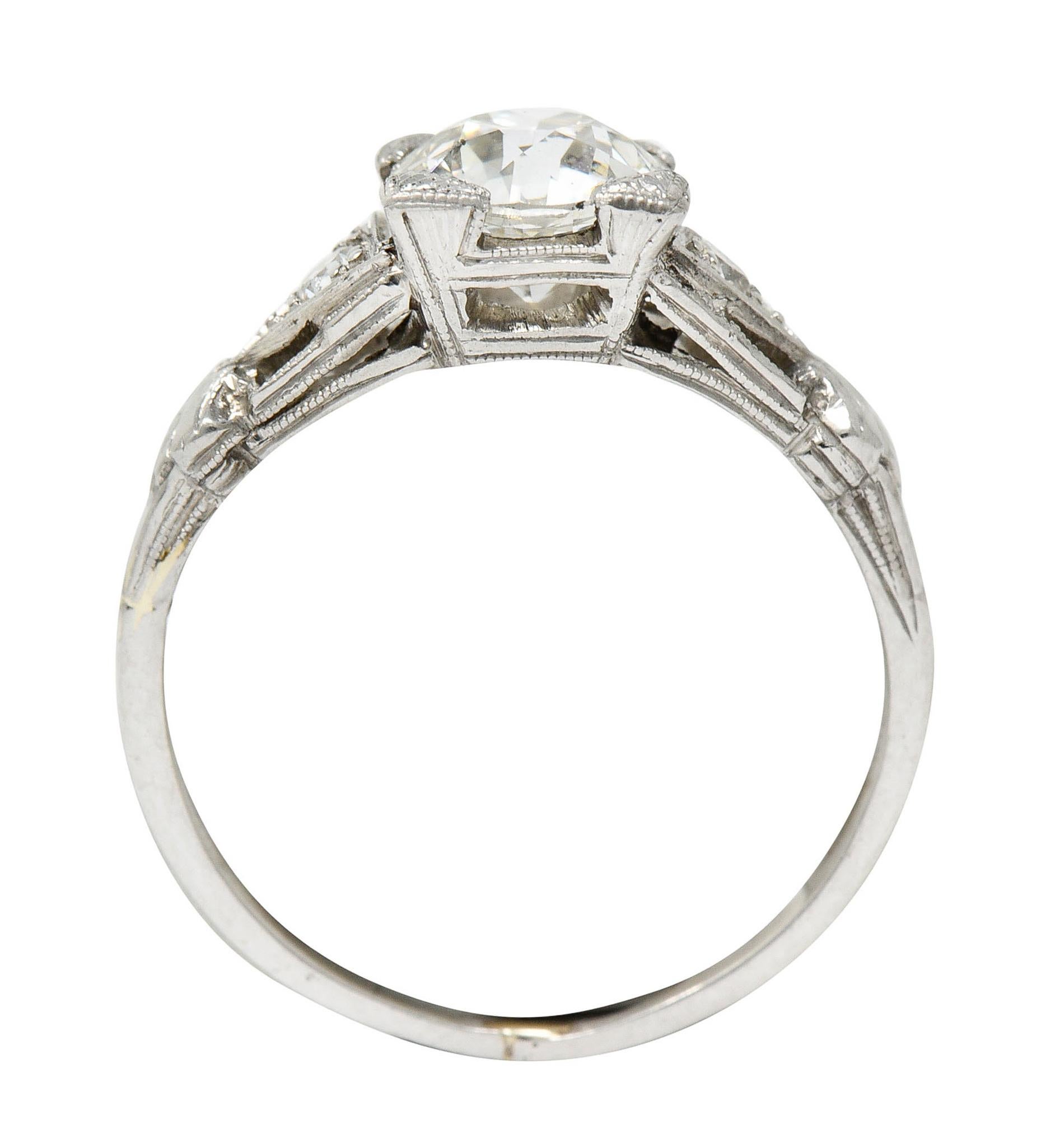 Art Deco 1.12 Carats Diamond Platinum Geometric Foliate Engagement Ring GIA 2