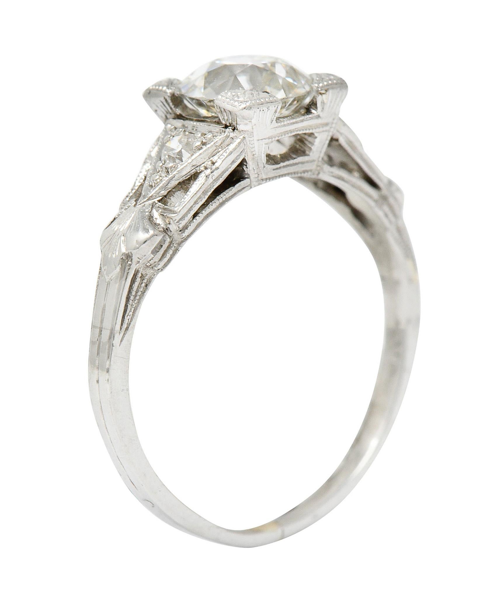 Art Deco 1.12 Carats Diamond Platinum Geometric Foliate Engagement Ring GIA 3