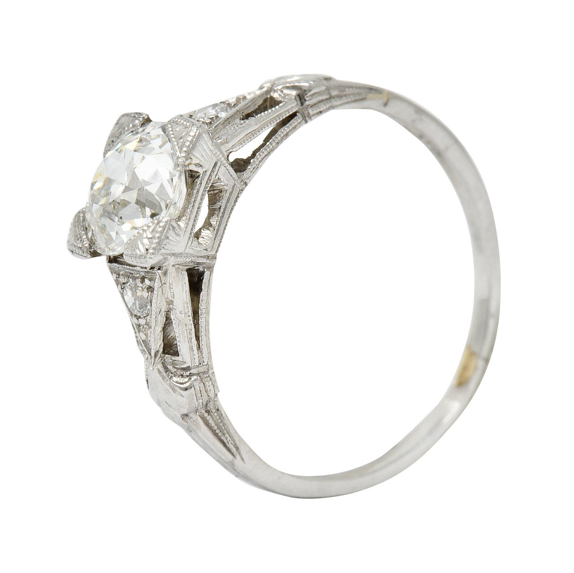 Art Deco 1.12 Carats Diamond Platinum Geometric Foliate Engagement Ring GIA 4