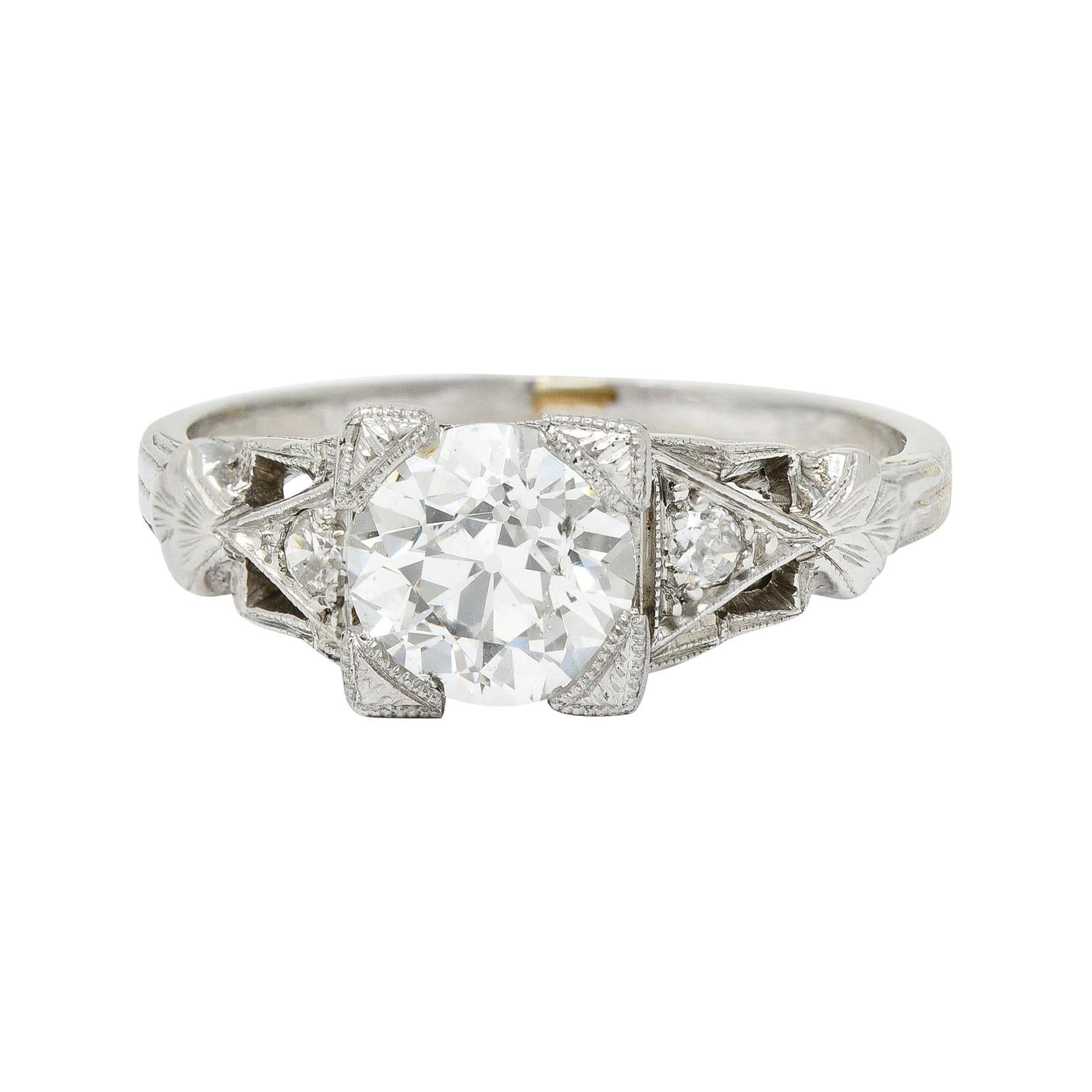 Art Deco 1.12 Carats Diamond Platinum Geometric Foliate Engagement Ring GIA