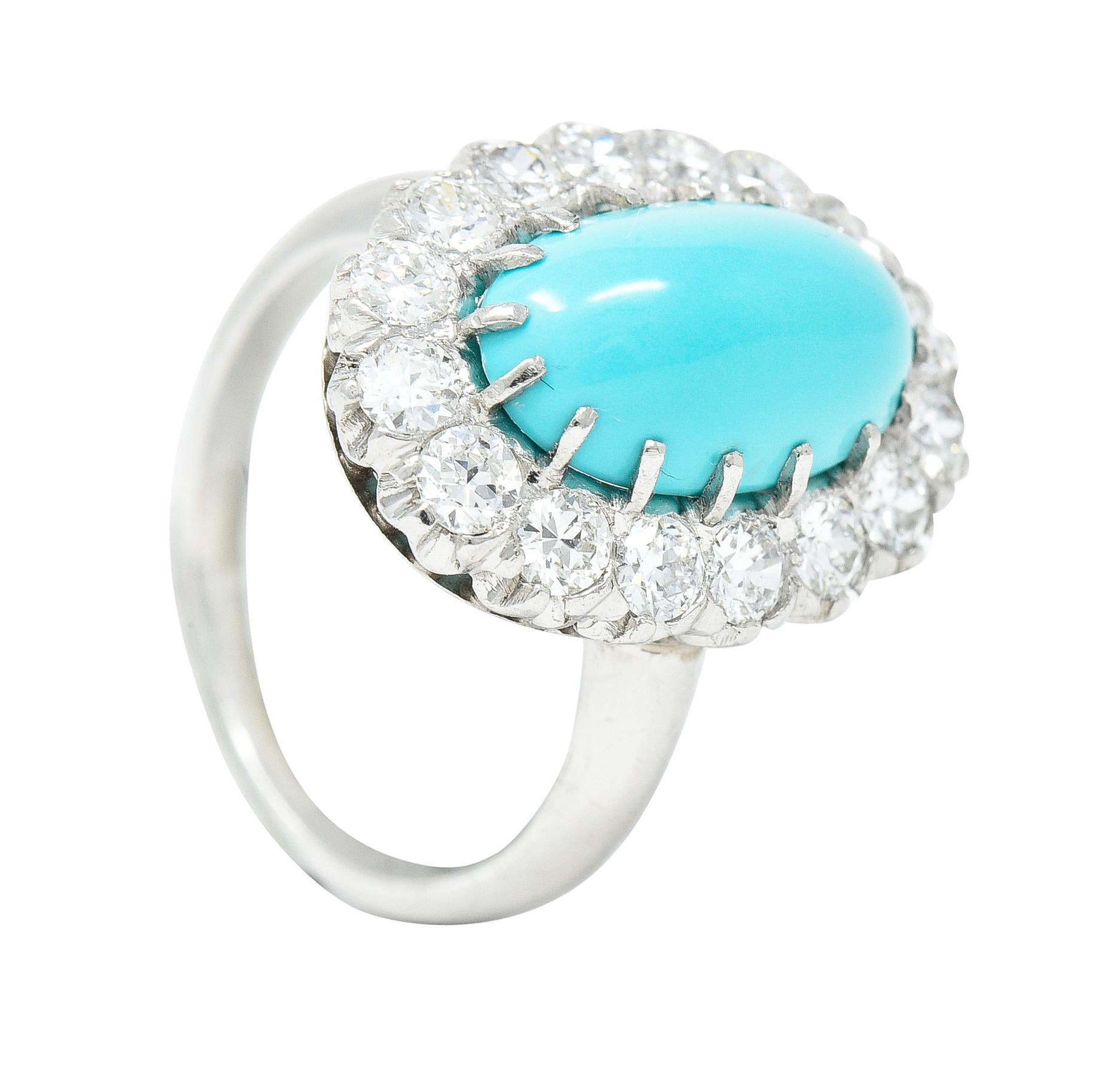 Art Deco 1.12 Carats Turquoise Cabochon Transitional Cut Diamond Platinum Ring For Sale 5