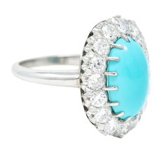 Art Deco 1.12 Carats Turquoise Cabochon Transitional Cut Diamond Platinum Ring