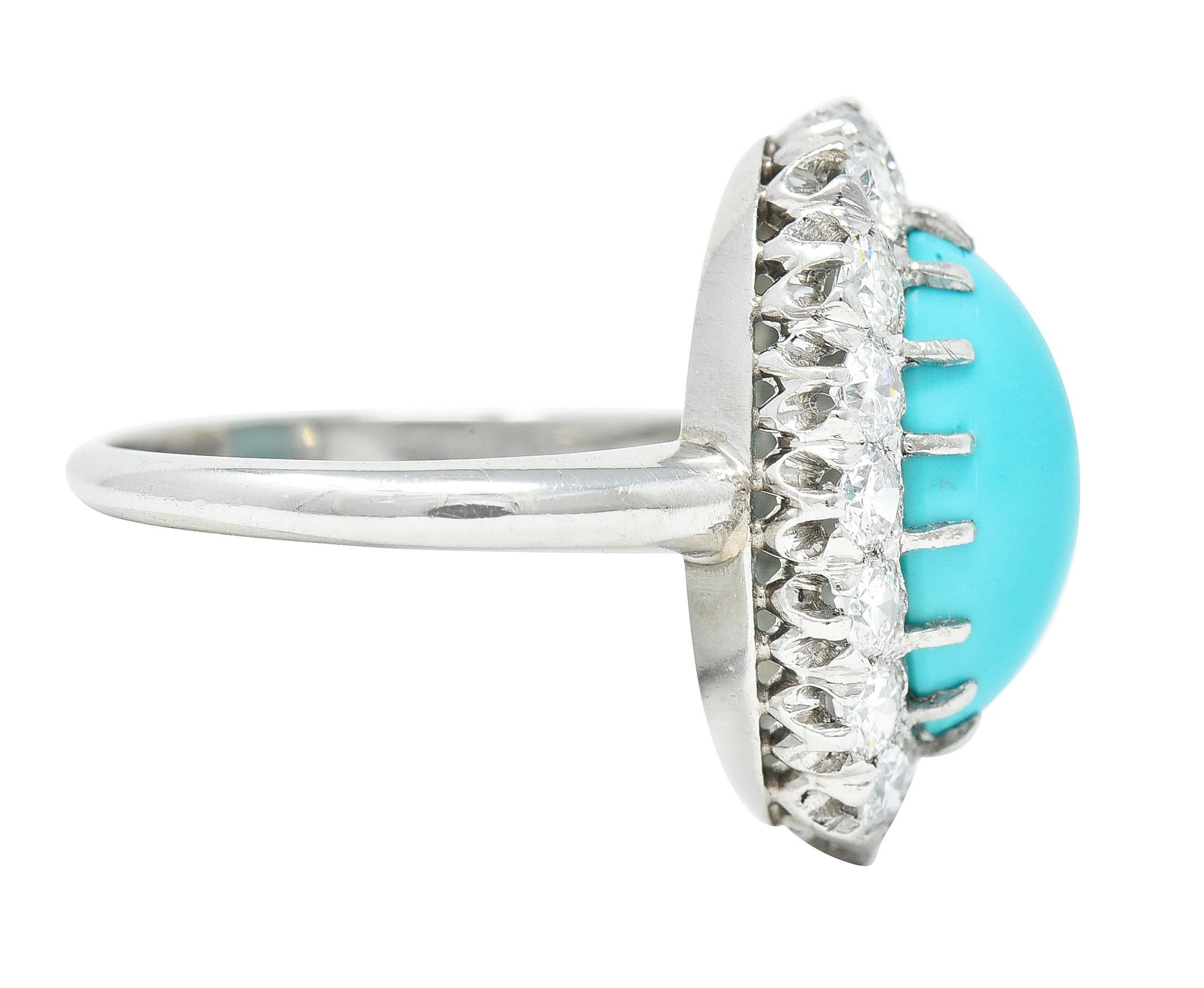 Oval Cut Art Deco 1.12 Carats Turquoise Cabochon Transitional Cut Diamond Platinum Ring For Sale