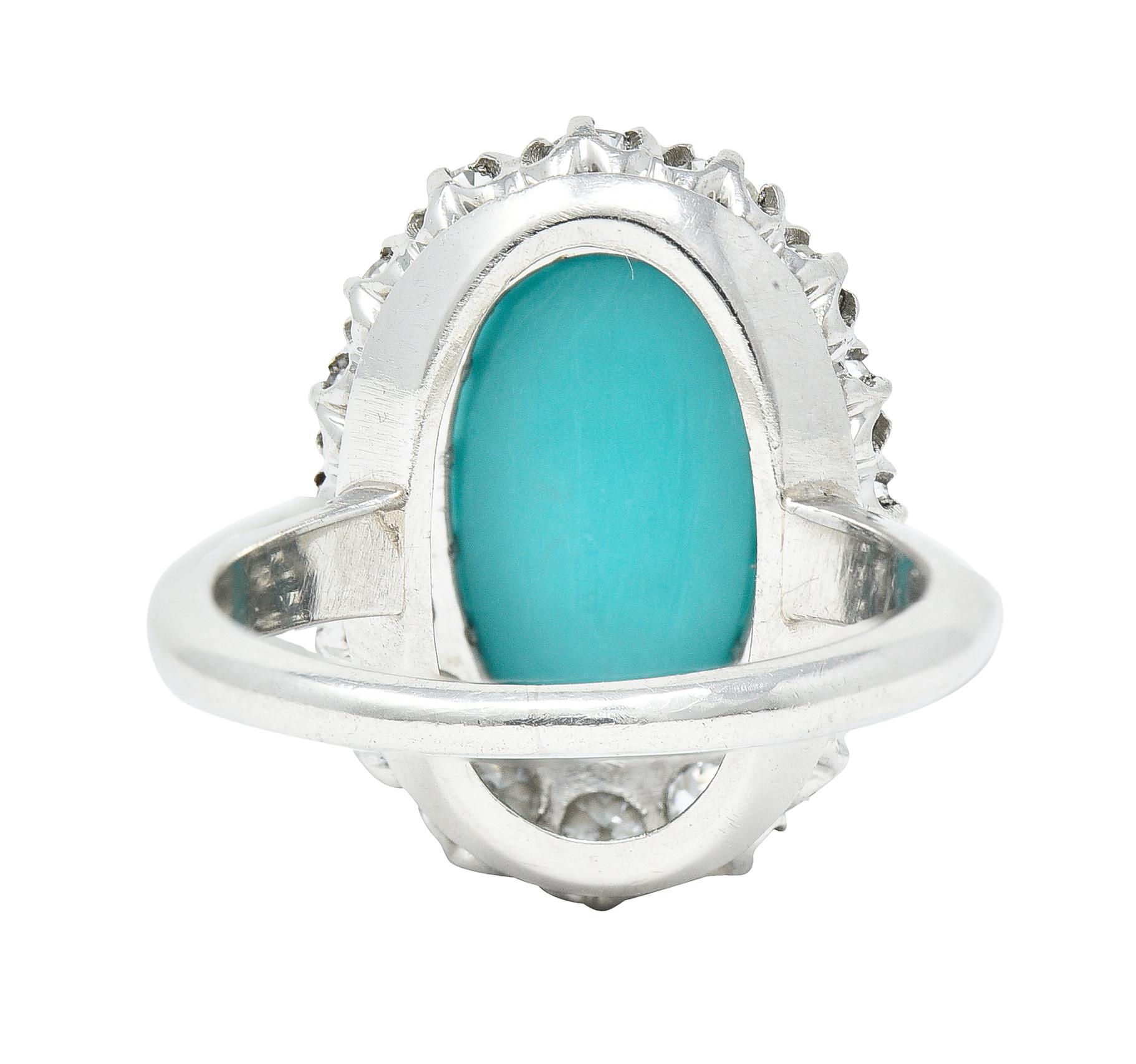 Art Deco 1.12 Carats Turquoise Cabochon Transitional Cut Diamond Platinum Ring In Excellent Condition For Sale In Philadelphia, PA