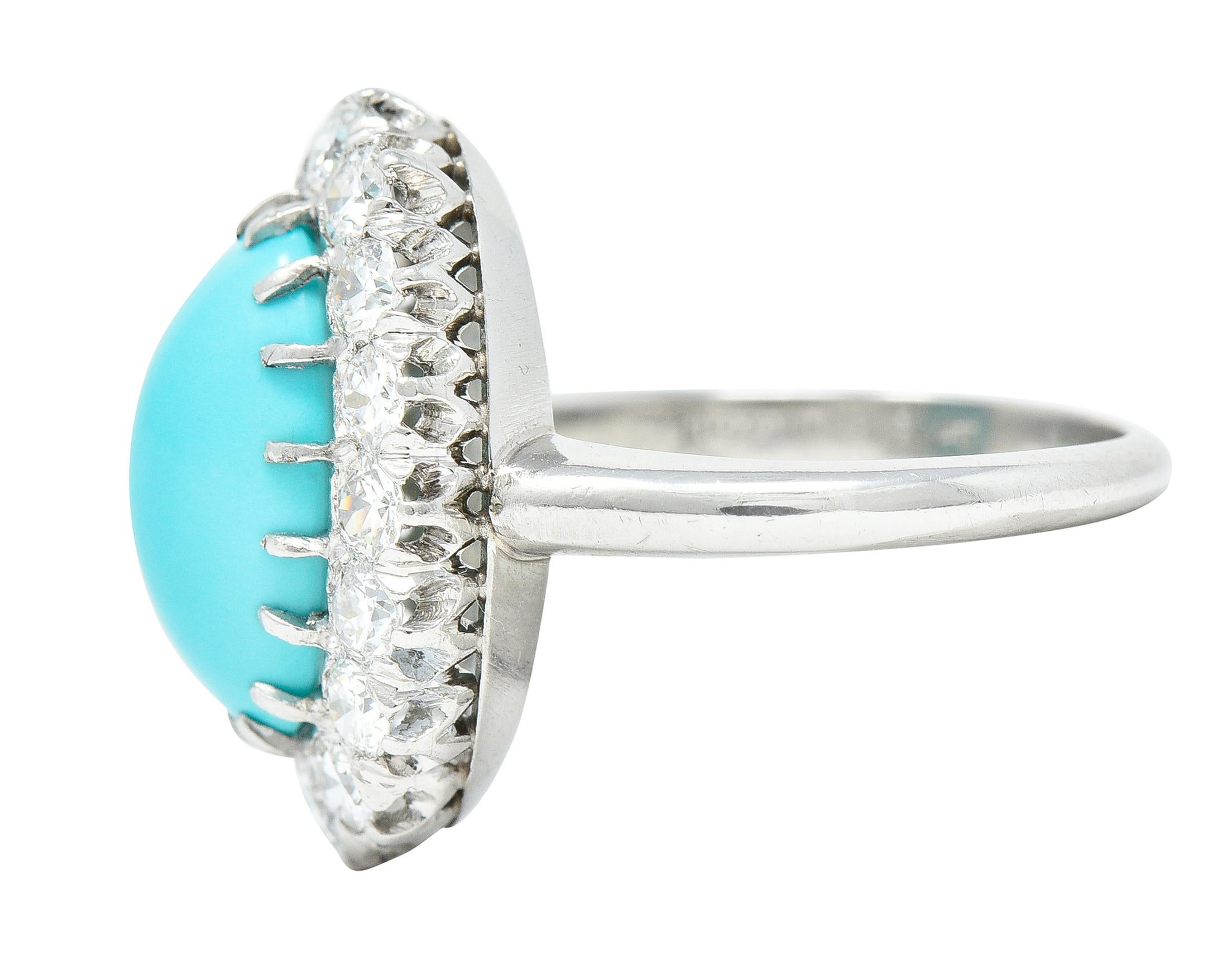 Women's or Men's Art Deco 1.12 Carats Turquoise Cabochon Transitional Cut Diamond Platinum Ring For Sale