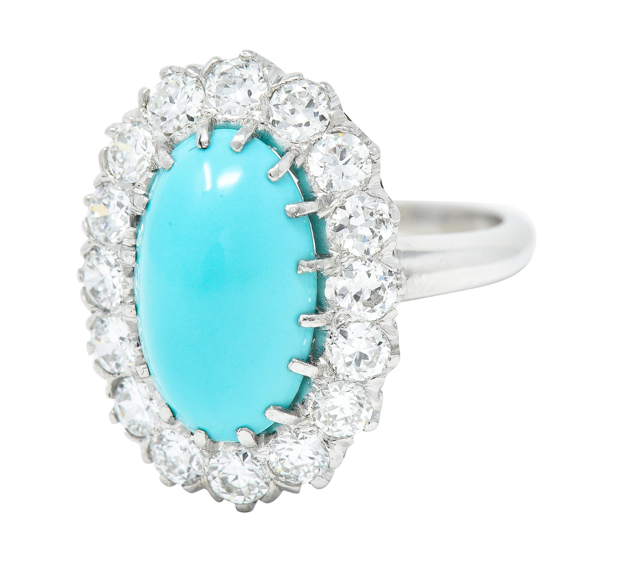 Art Deco 1.12 Carats Turquoise Cabochon Transitional Cut Diamond Platinum Ring For Sale 1