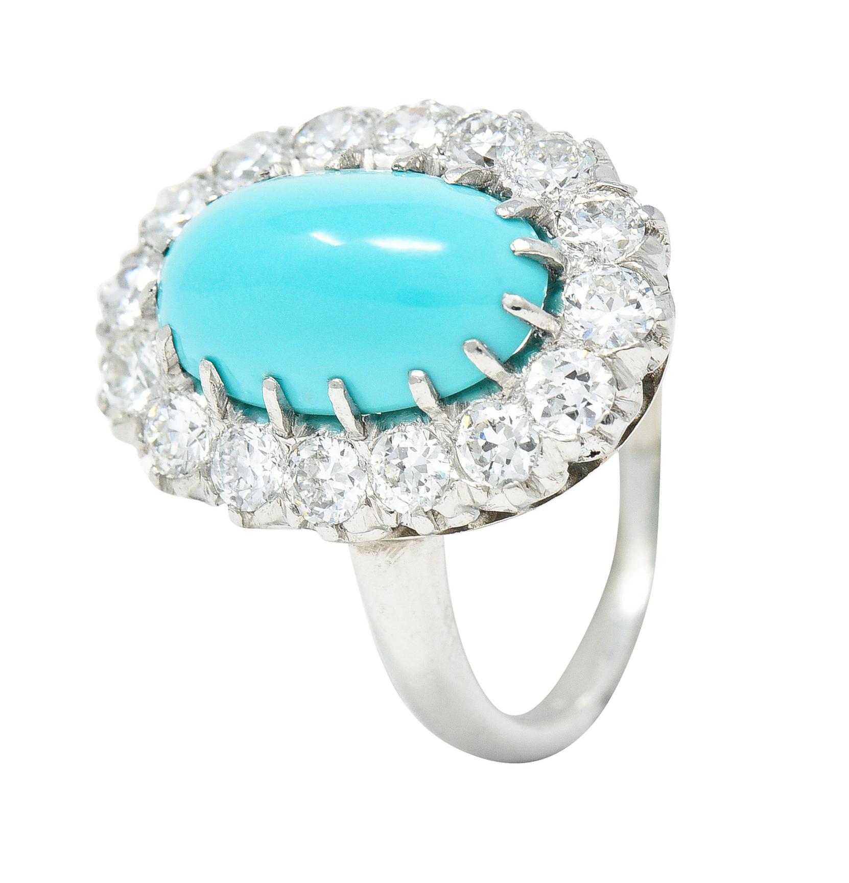 Art Deco 1.12 Carats Turquoise Cabochon Transitional Cut Diamond Platinum Ring For Sale 3