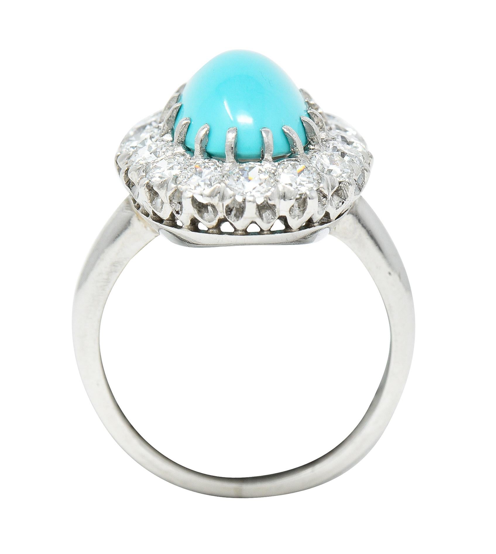 Art Deco 1.12 Carats Turquoise Cabochon Transitional Cut Diamond Platinum Ring For Sale 4
