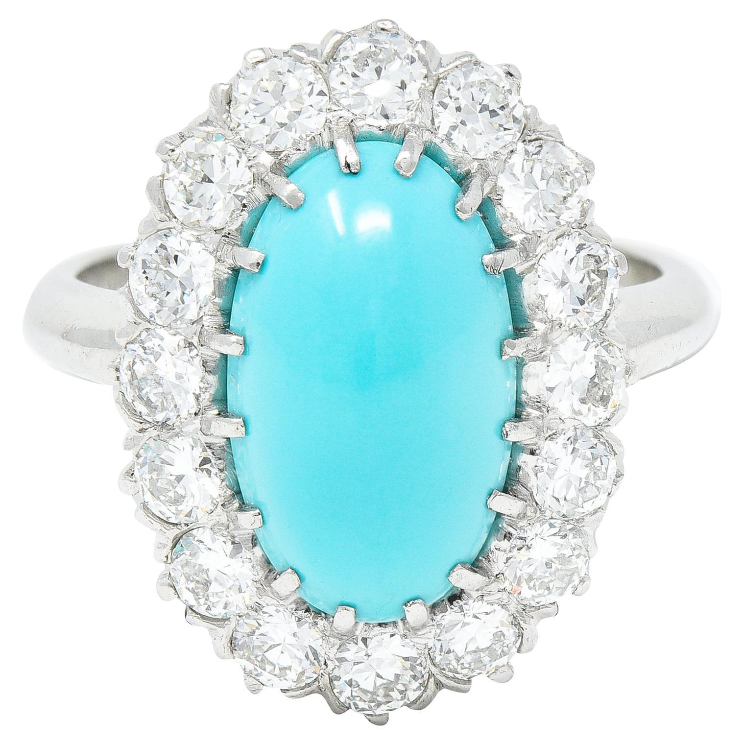 Bague Art déco en platine avec turquoise cabochon de 1,12 carat et diamants de taille transitionnelle