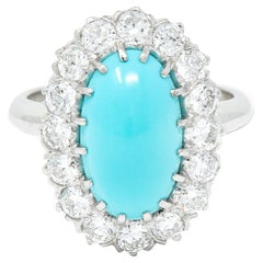 Art Deco 1.12 Carats Turquoise Cabochon Transitional Cut Diamond Platinum Ring