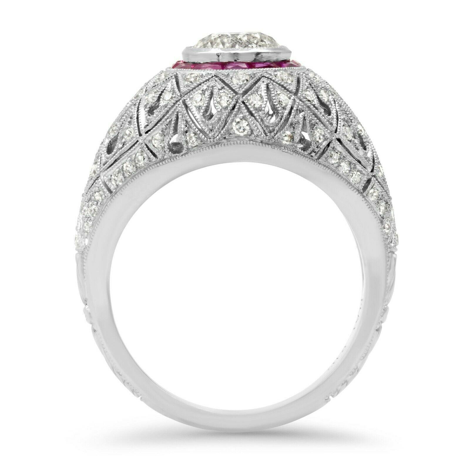 Round Cut Art Deco Style 1.12 CT Diamond Fancy Cut Ruby 1.74 TCW Platinum Engagement Ring