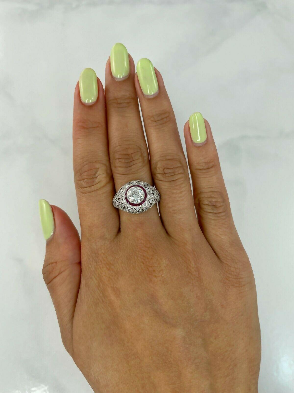 Women's Art Deco Style 1.12 CT Diamond Fancy Cut Ruby 1.74 TCW Platinum Engagement Ring