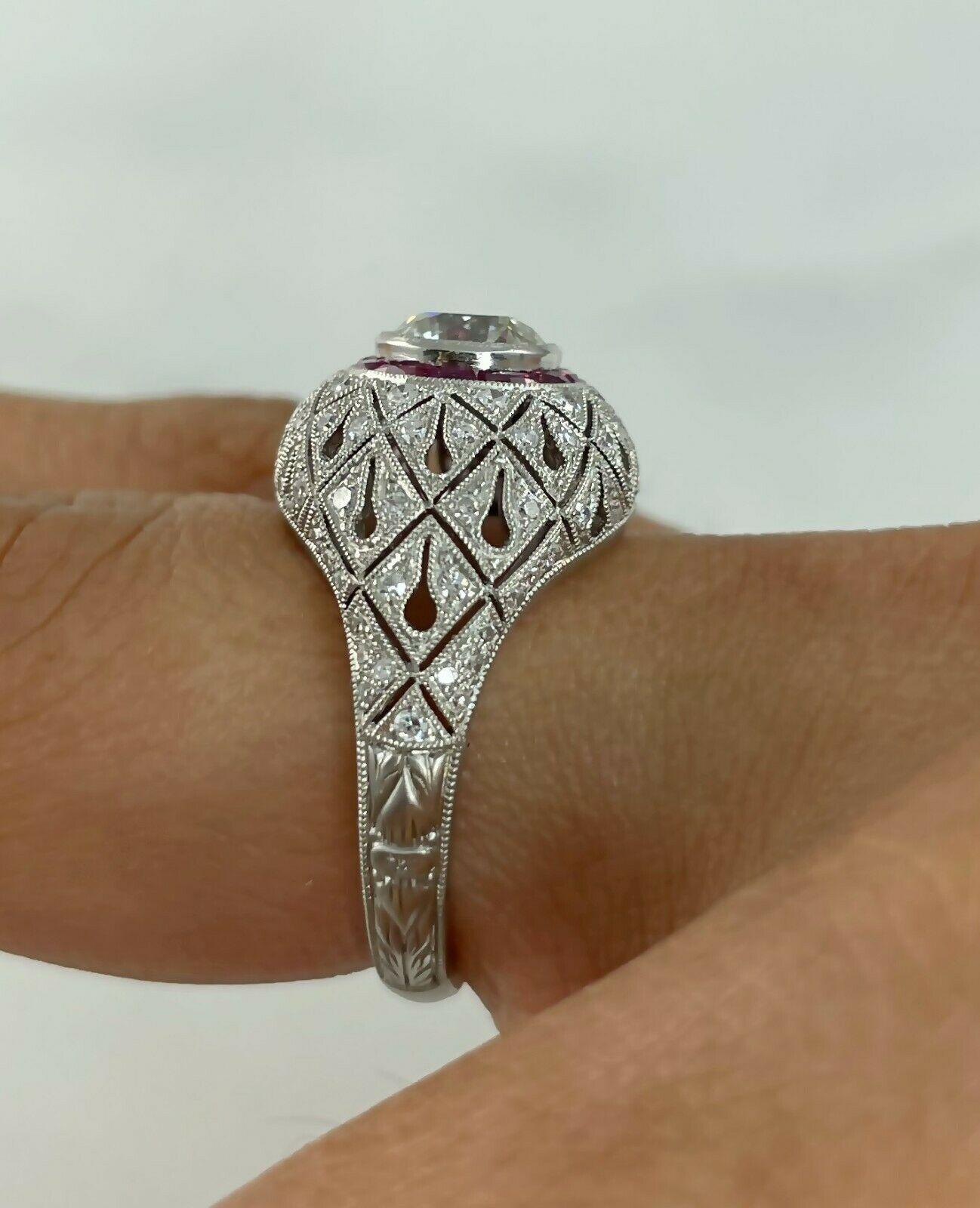 Art Deco Style 1.12 CT Diamond Fancy Cut Ruby 1.74 TCW Platinum Engagement Ring 1