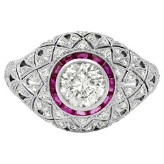 Art Deco Style 1.12 CT Diamond Fancy Cut Ruby 1.74 TCW Platinum Engagement Ring