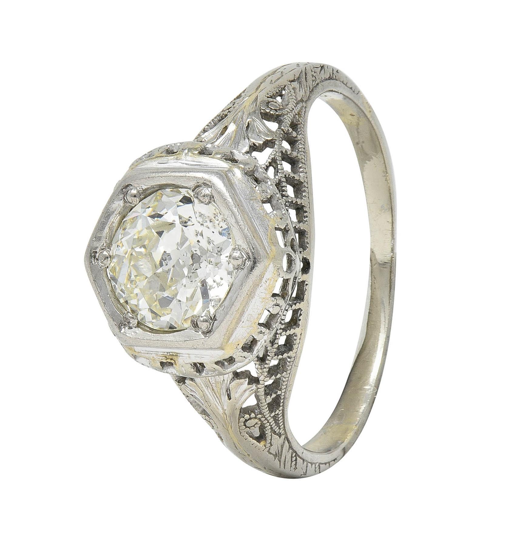Art Deco 1.12 CTW Diamond 18 Karat White Gold Trellis Engagement Ring GIA For Sale 5