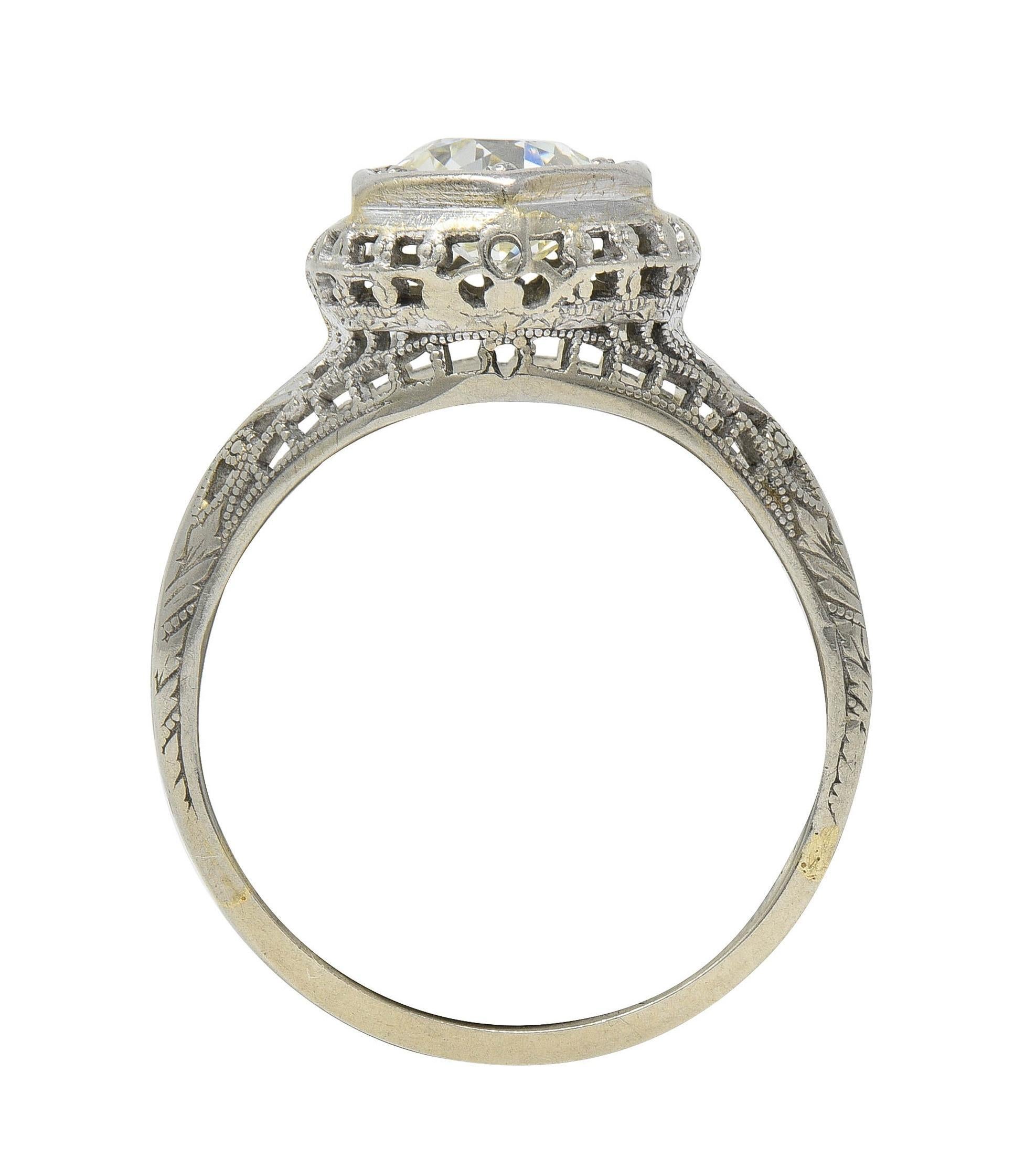 Art Deco 1.12 CTW Diamond 18 Karat White Gold Trellis Engagement Ring GIA For Sale 6