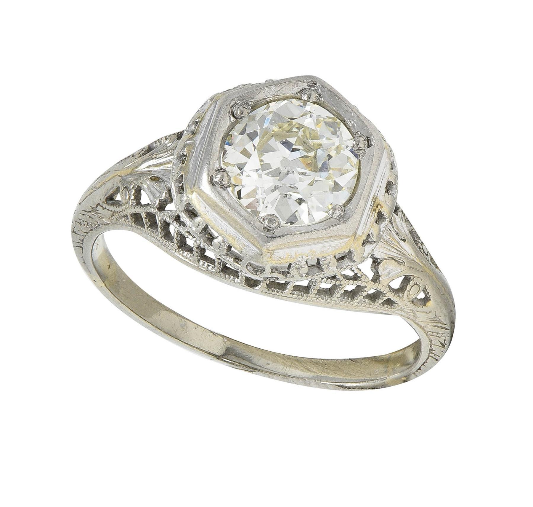 Art Deco 1.12 CTW Diamond 18 Karat White Gold Trellis Engagement Ring GIA For Sale 7