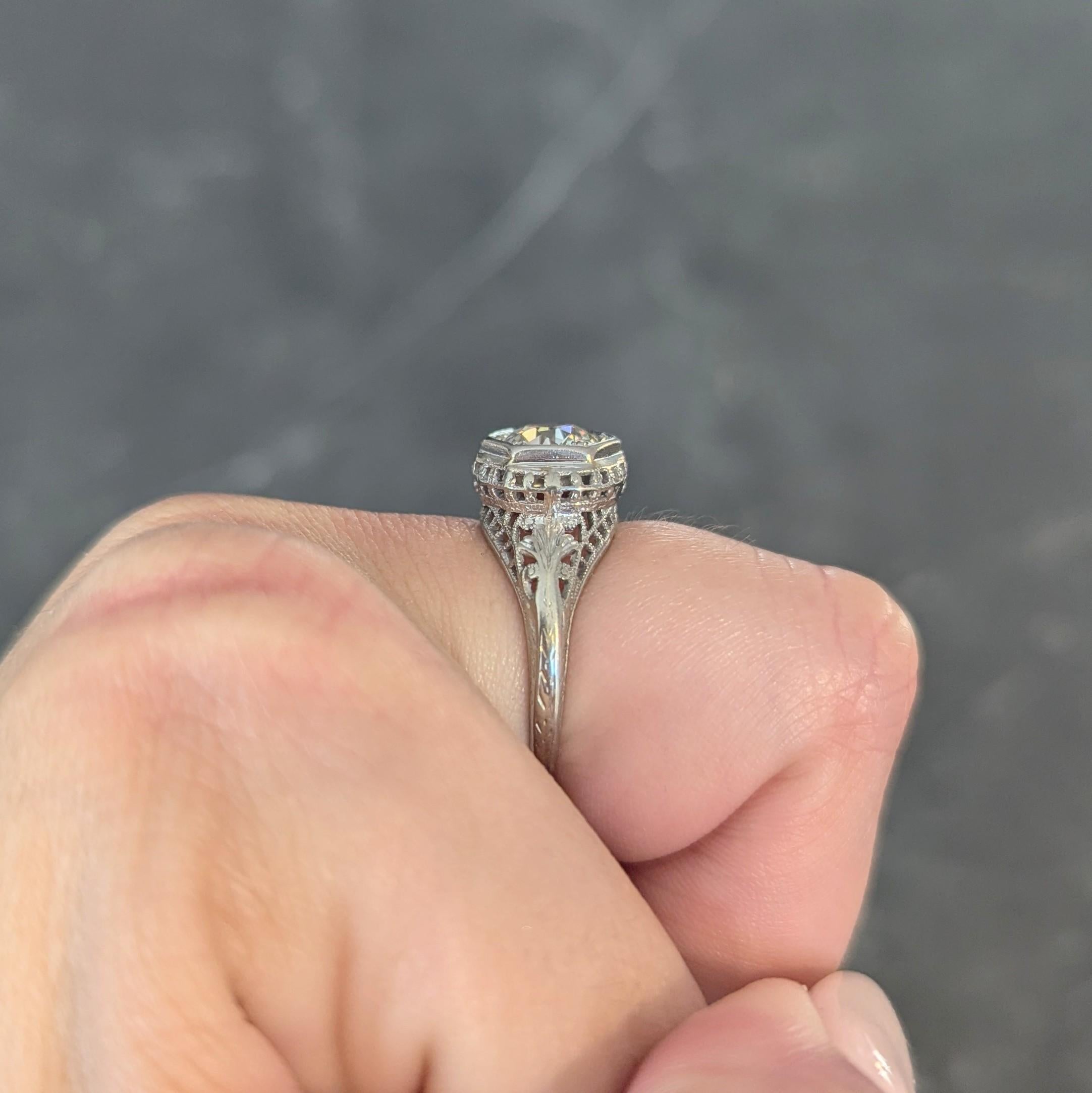 Art Deco 1.12 CTW Diamond 18 Karat White Gold Trellis Engagement Ring GIA For Sale 9