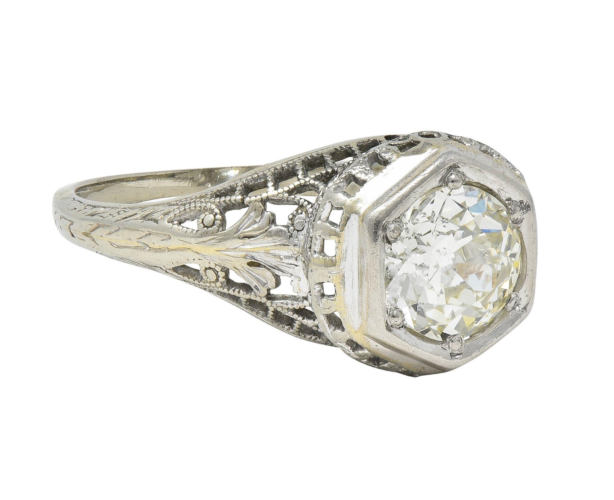 Old European Cut Art Deco 1.12 CTW Diamond 18 Karat White Gold Trellis Engagement Ring GIA For Sale
