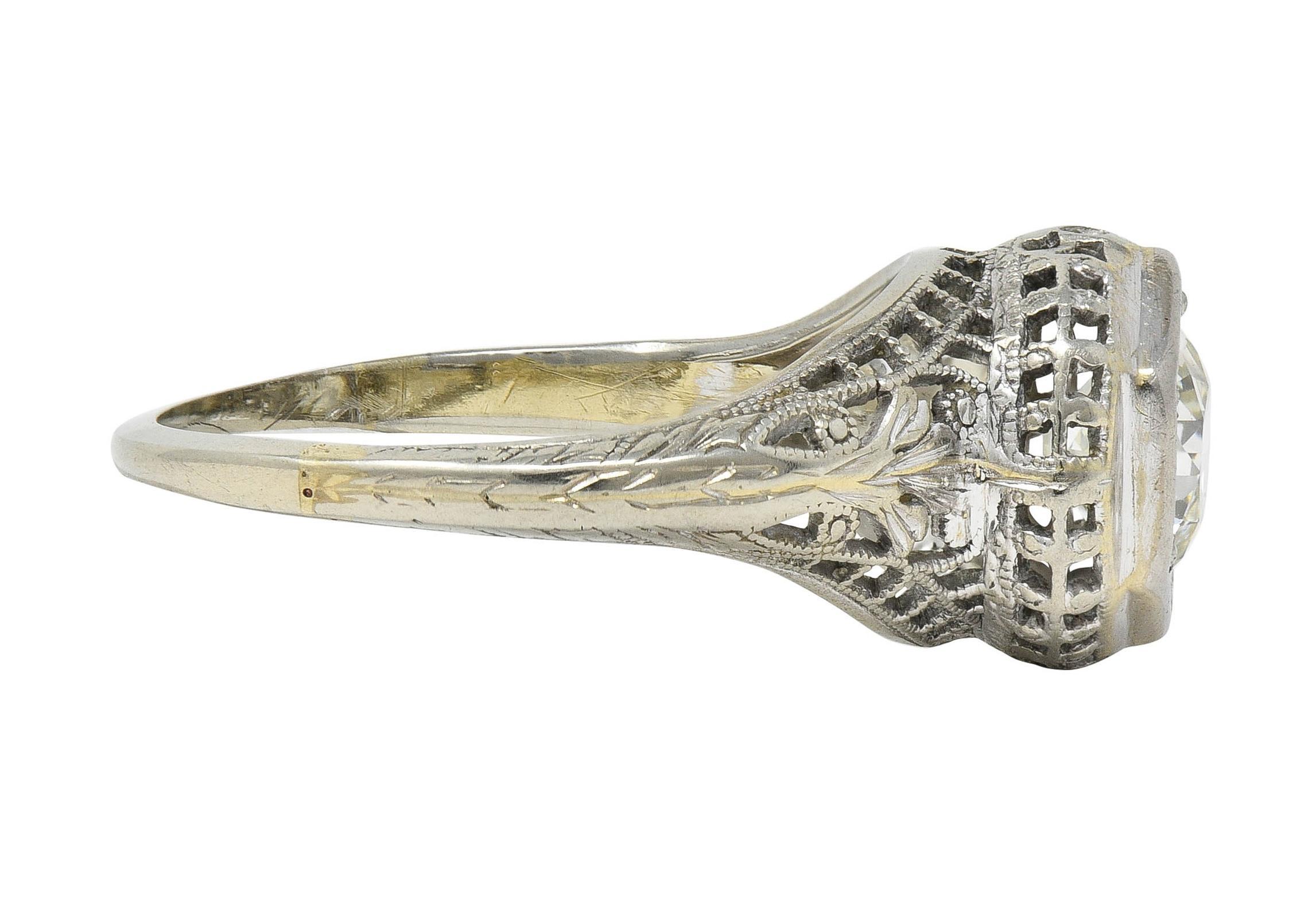 Women's or Men's Art Deco 1.12 CTW Diamond 18 Karat White Gold Trellis Engagement Ring GIA For Sale