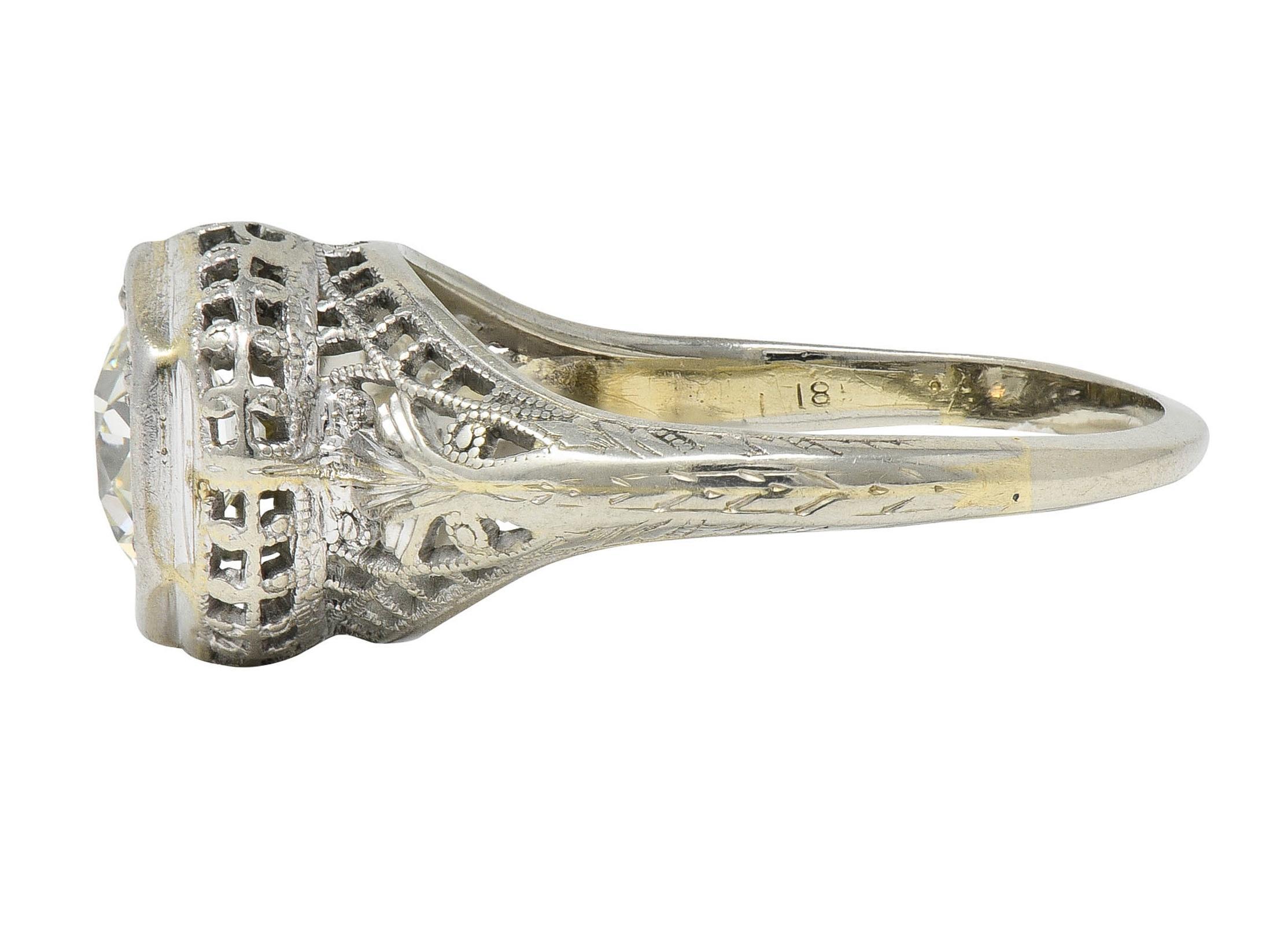 Art Deco 1.12 CTW Diamond 18 Karat White Gold Trellis Engagement Ring GIA For Sale 2
