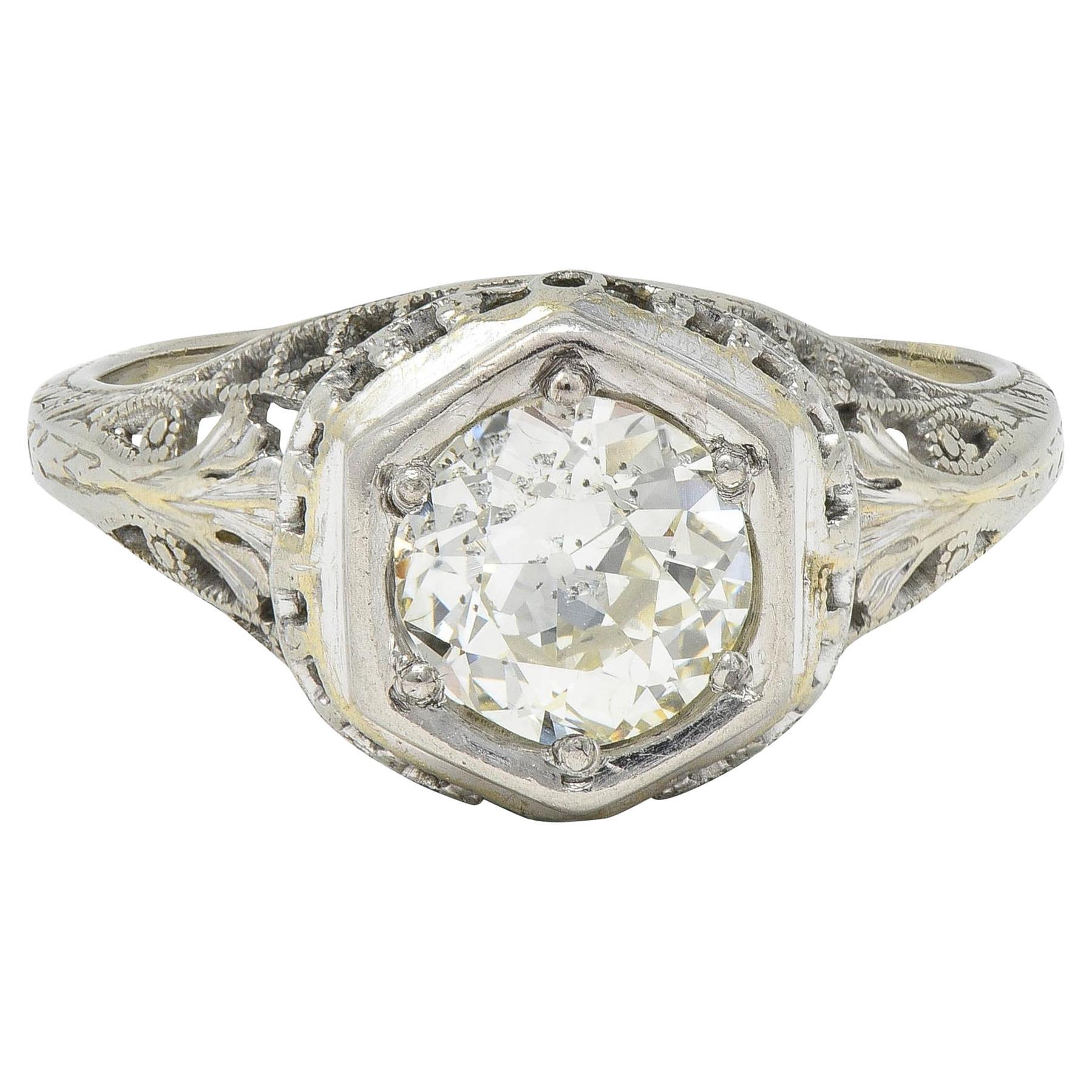 Art Deco 1.12 CTW Diamond 18 Karat White Gold Trellis Engagement Ring GIA For Sale