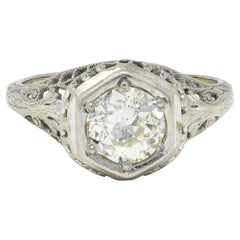 Art Deco 1.12 CTW Diamond 18 Karat White Gold Trellis Engagement Ring GIA