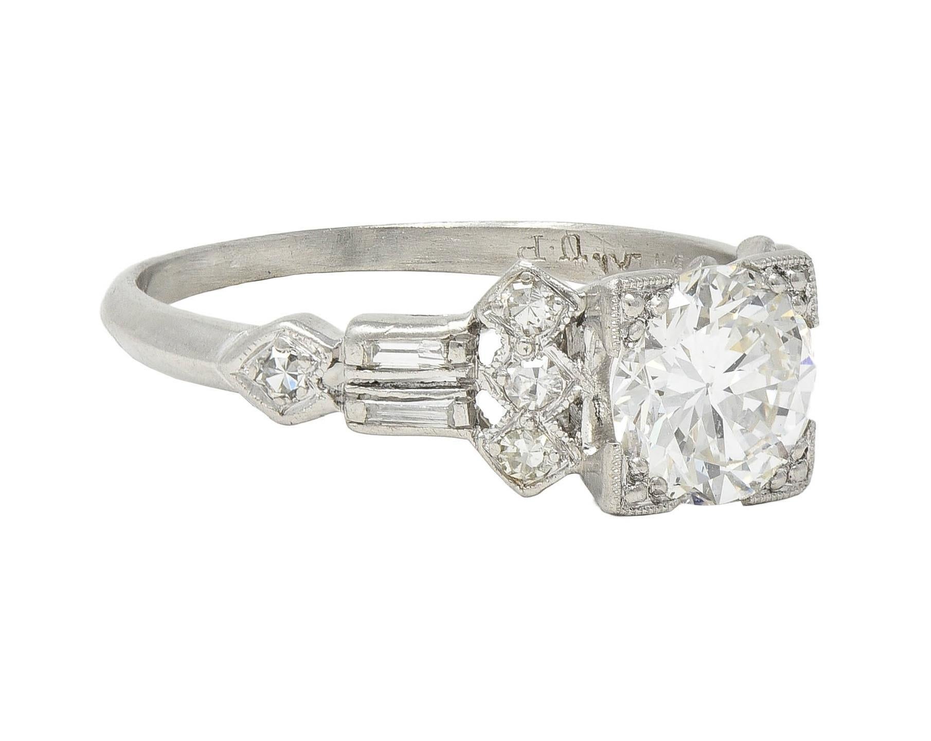 Baguette Cut Art Deco 1.12 CTW Diamond Platinum Geometric Vintage Engagement Ring For Sale