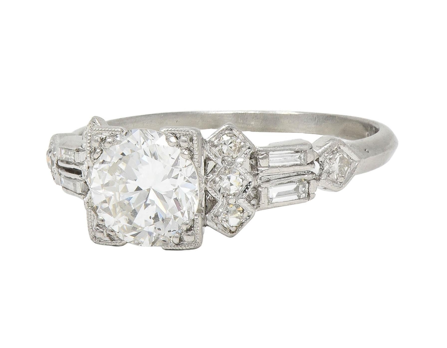 Art Deco 1.12 CTW Diamond Platinum Geometric Vintage Engagement Ring For Sale 2