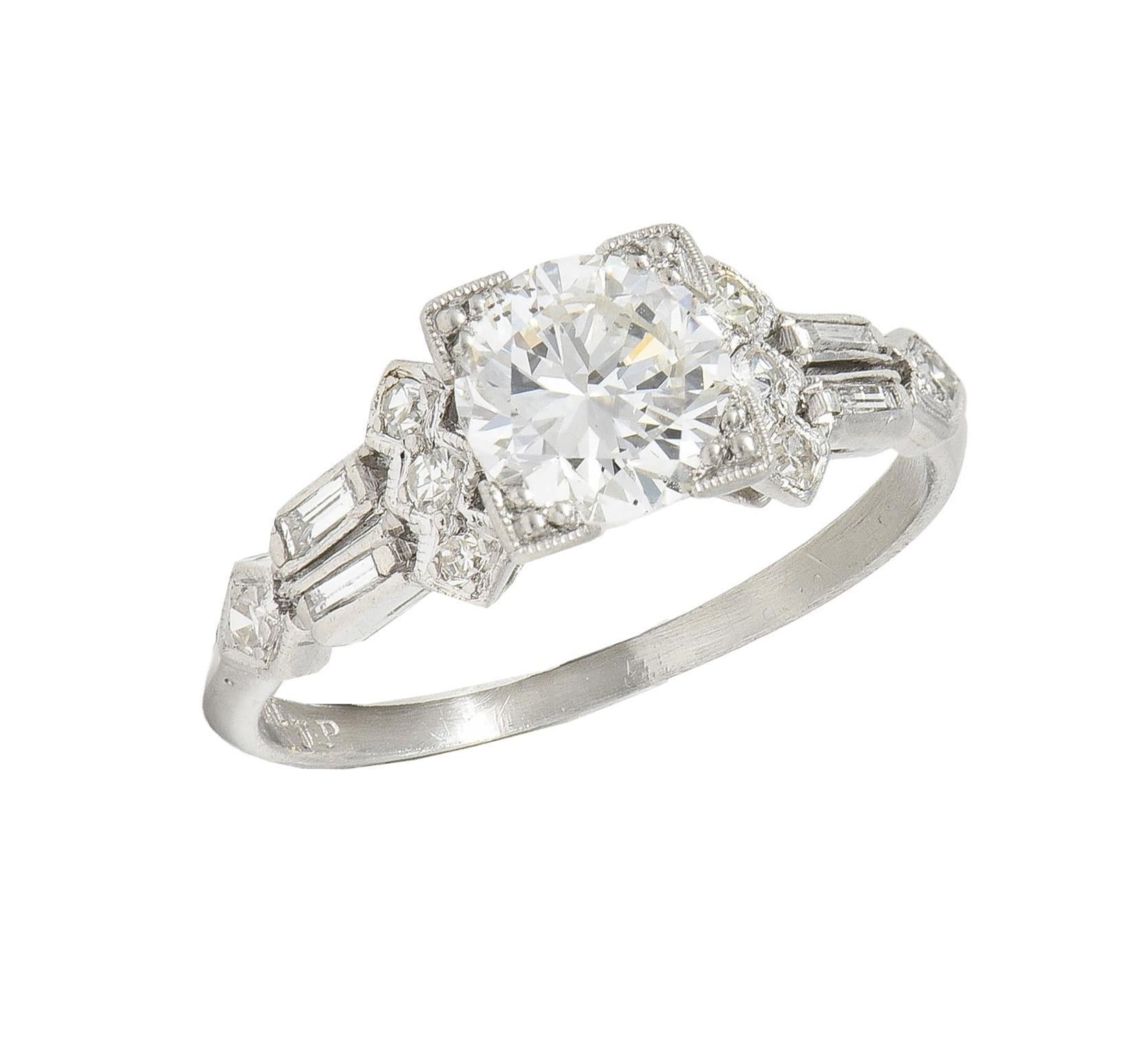 Art Deco 1.12 CTW Diamond Platinum Geometric Vintage Engagement Ring For Sale 4