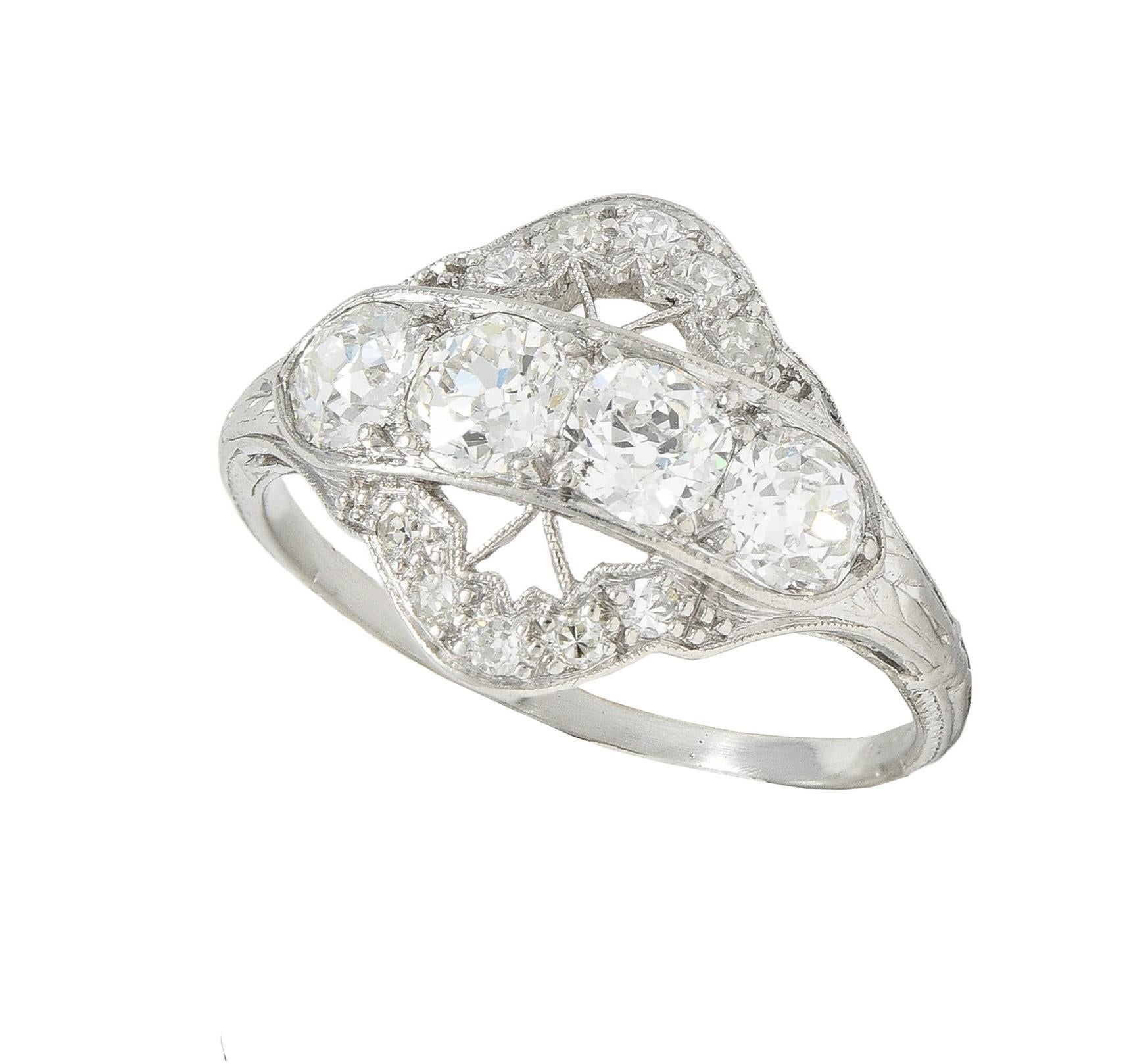 Art Deco 1.12 CTW Old European Diamond Platinum Floral Vintage Dinner Ring For Sale 7