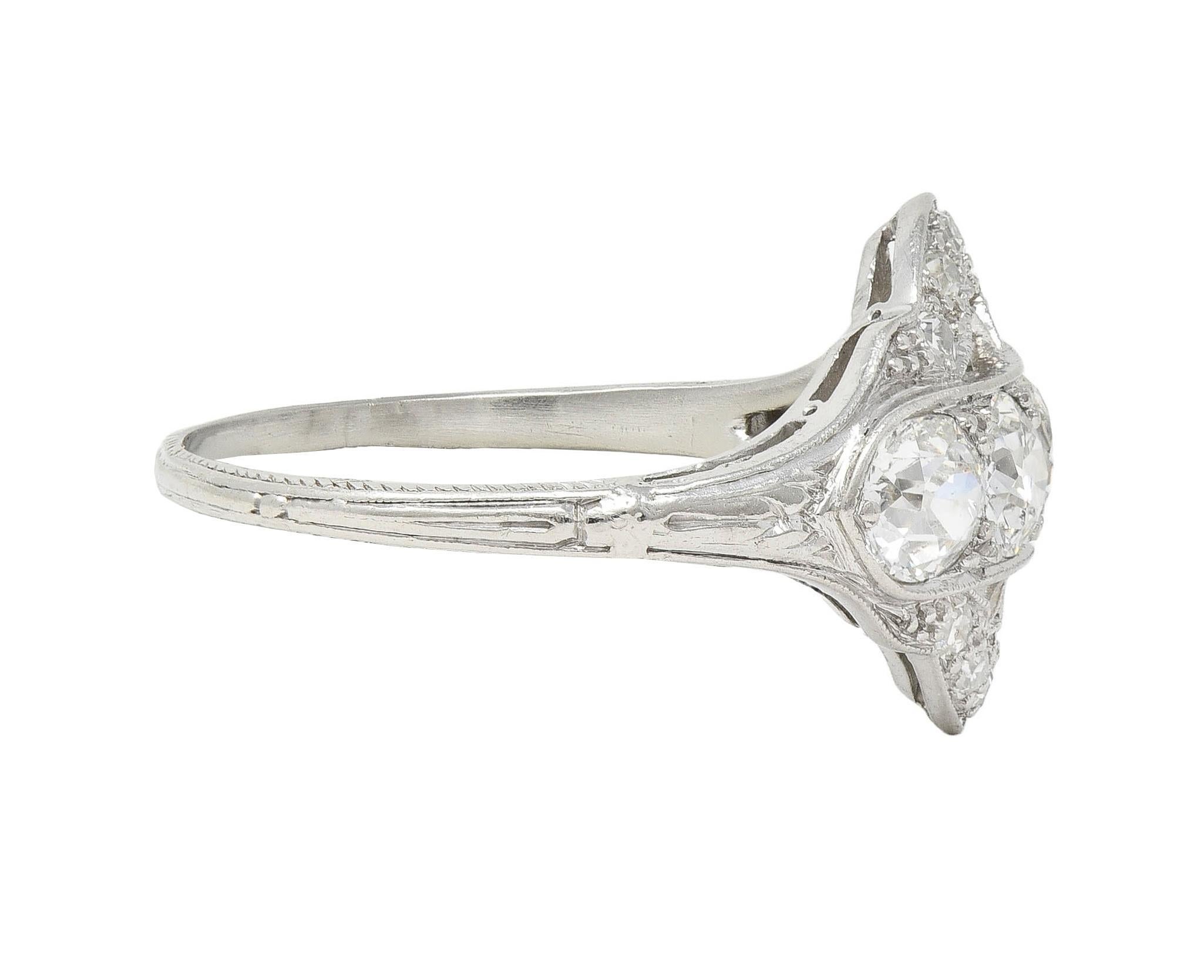 Art Deco 1.12 CTW Old European Diamond Platinum Floral Vintage Dinner Ring In Excellent Condition For Sale In Philadelphia, PA