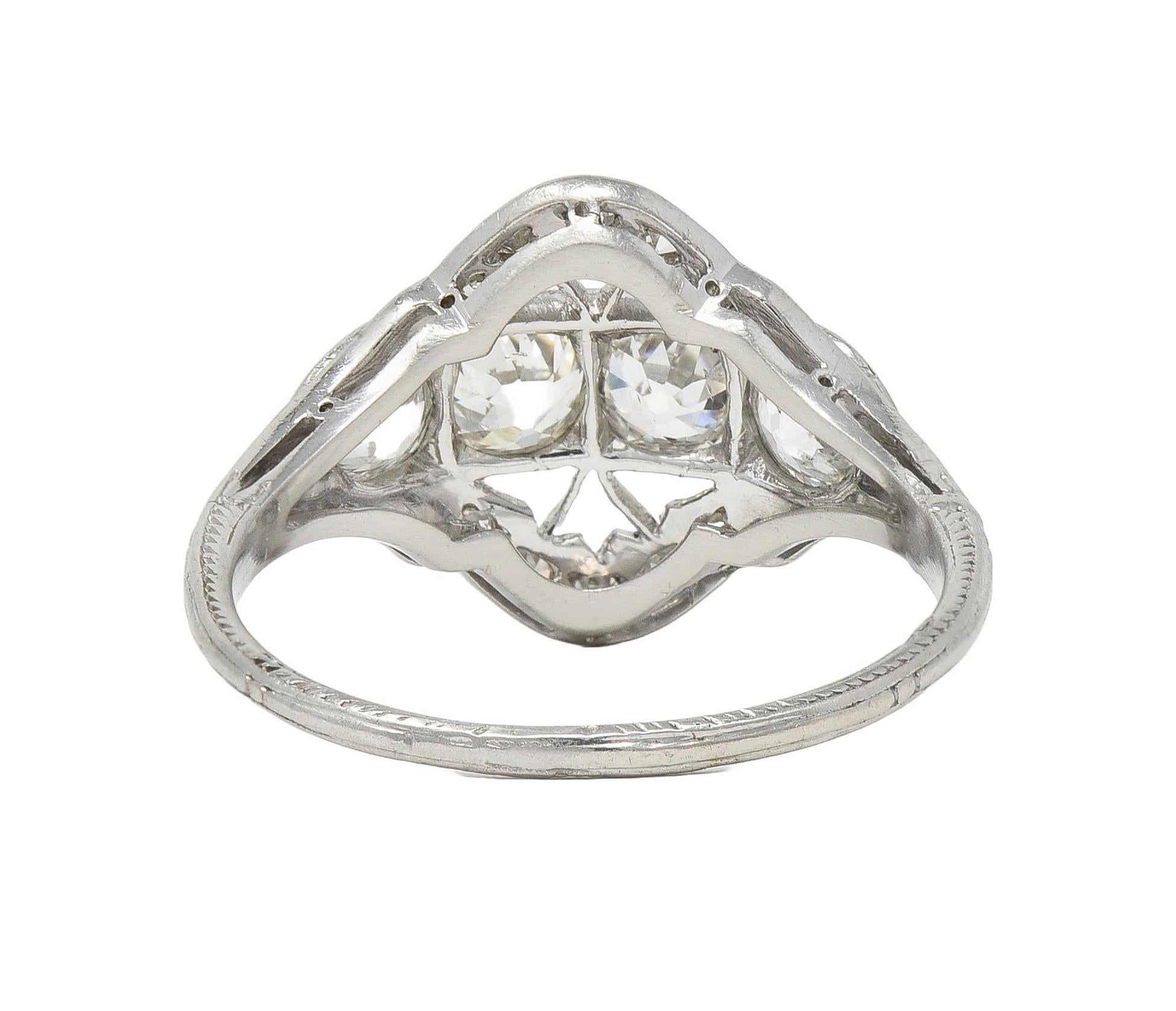 Women's or Men's Art Deco 1.12 CTW Old European Diamond Platinum Floral Vintage Dinner Ring For Sale