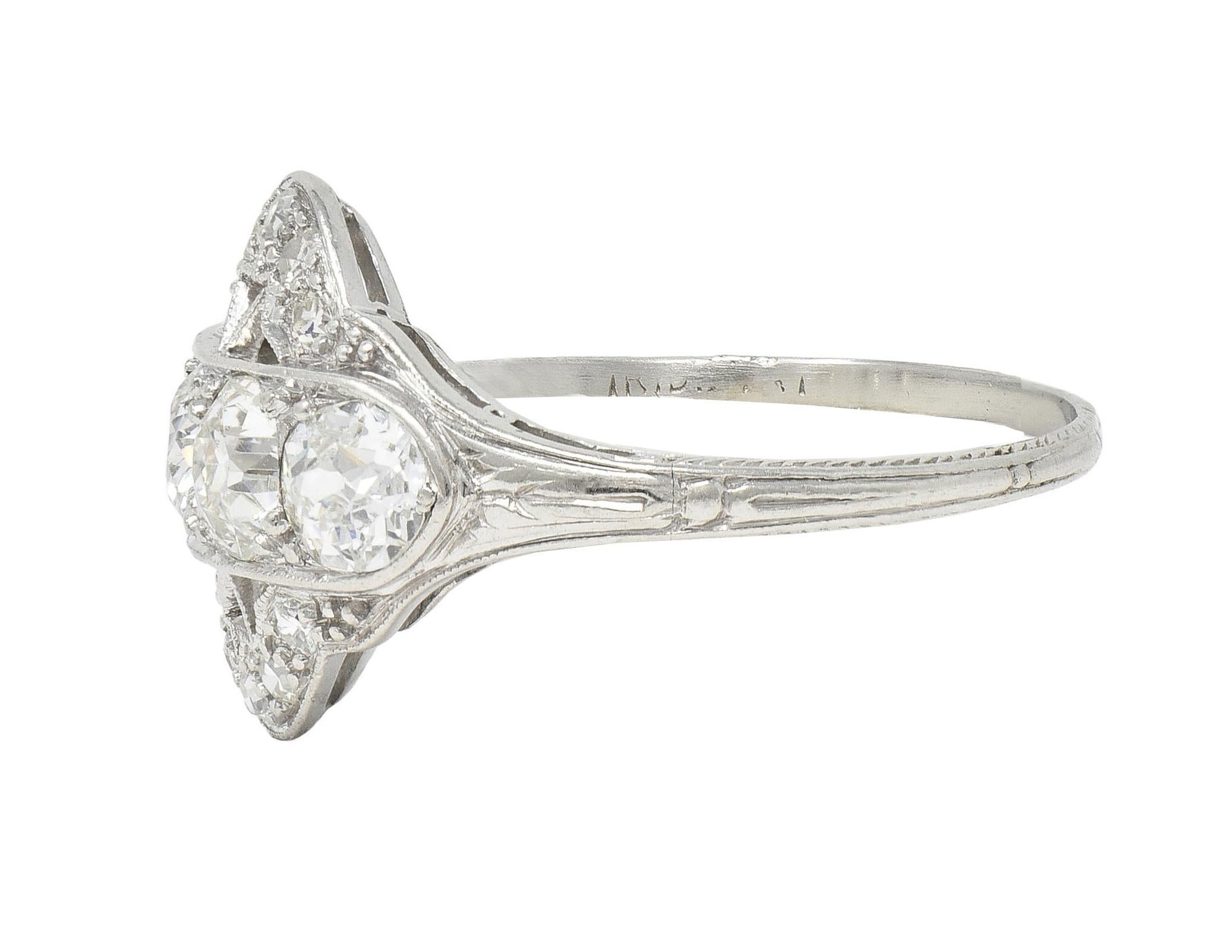 Art Deco 1.12 CTW Old European Diamond Platinum Floral Vintage Dinner Ring For Sale 1