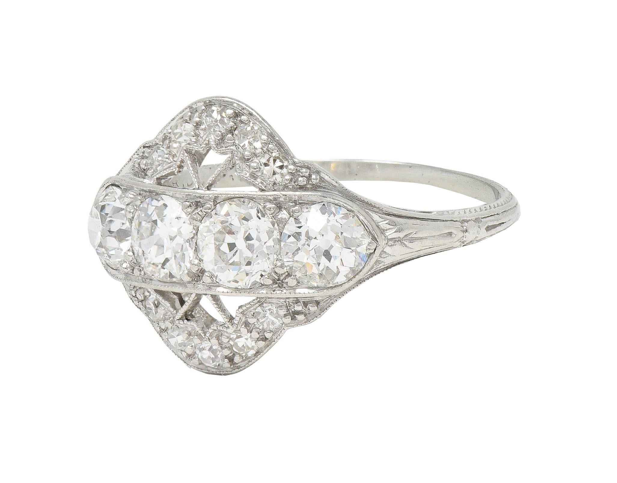 Art Deco 1.12 CTW Old European Diamond Platinum Floral Vintage Dinner Ring For Sale 2