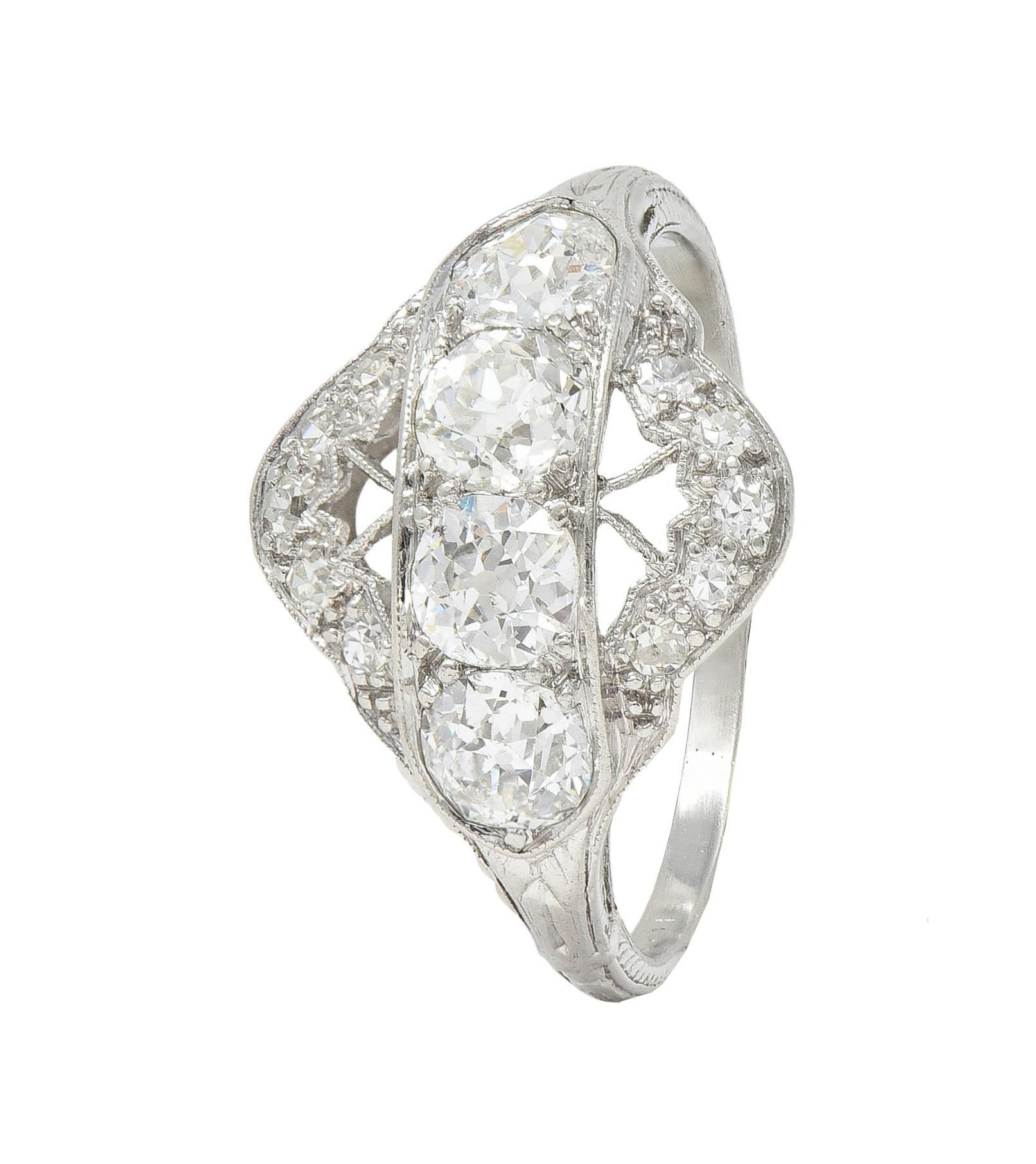 Art Deco 1.12 CTW Old European Diamond Platinum Floral Vintage Dinner Ring For Sale 4